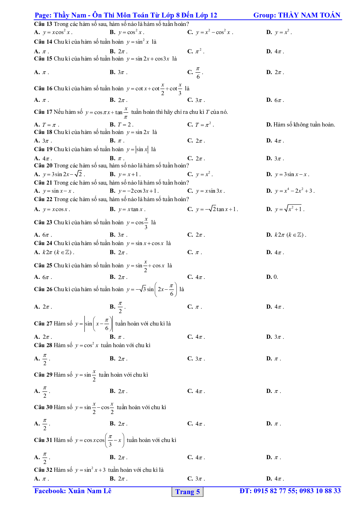 32 Bài tập trắc nghiệm hàm số lượng giác và phương trình lượng giác 2023 – bản 1 (trang 5)