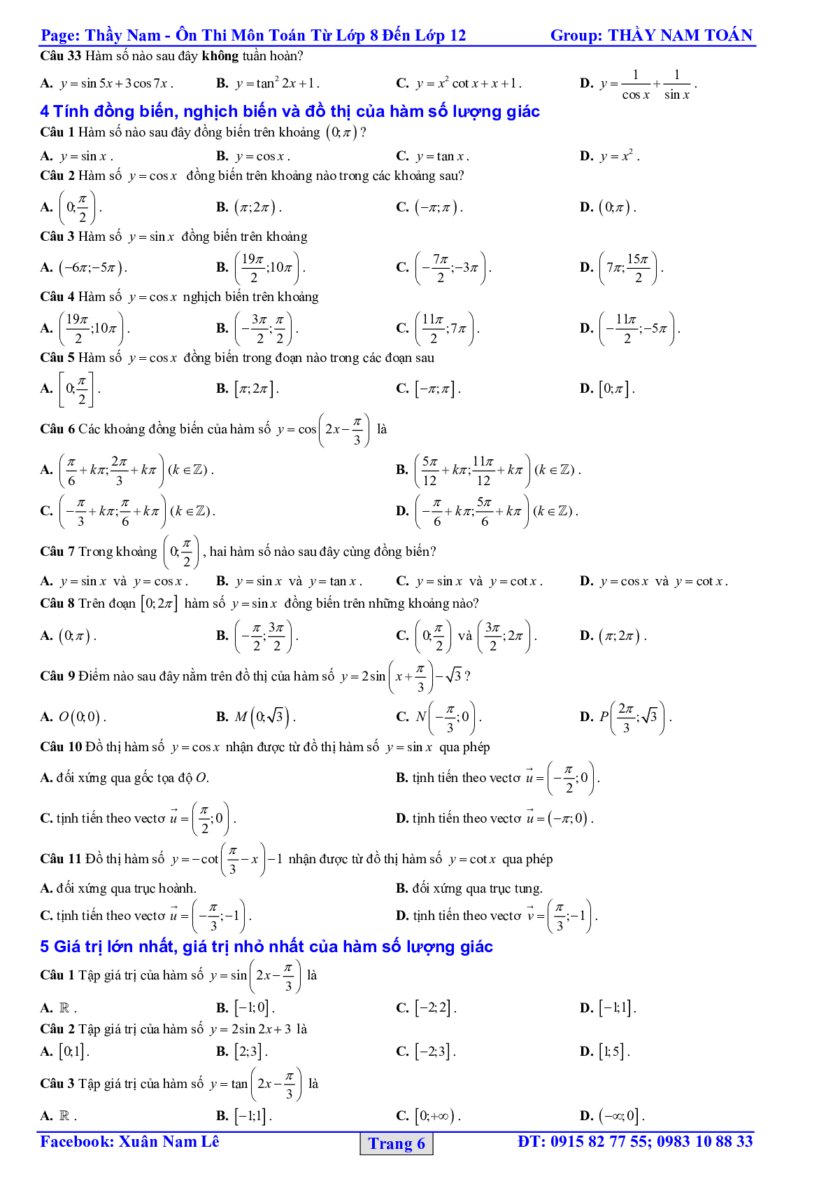 32 Bài tập trắc nghiệm hàm số lượng giác và phương trình lượng giác 2023 – bản 1 (trang 6)