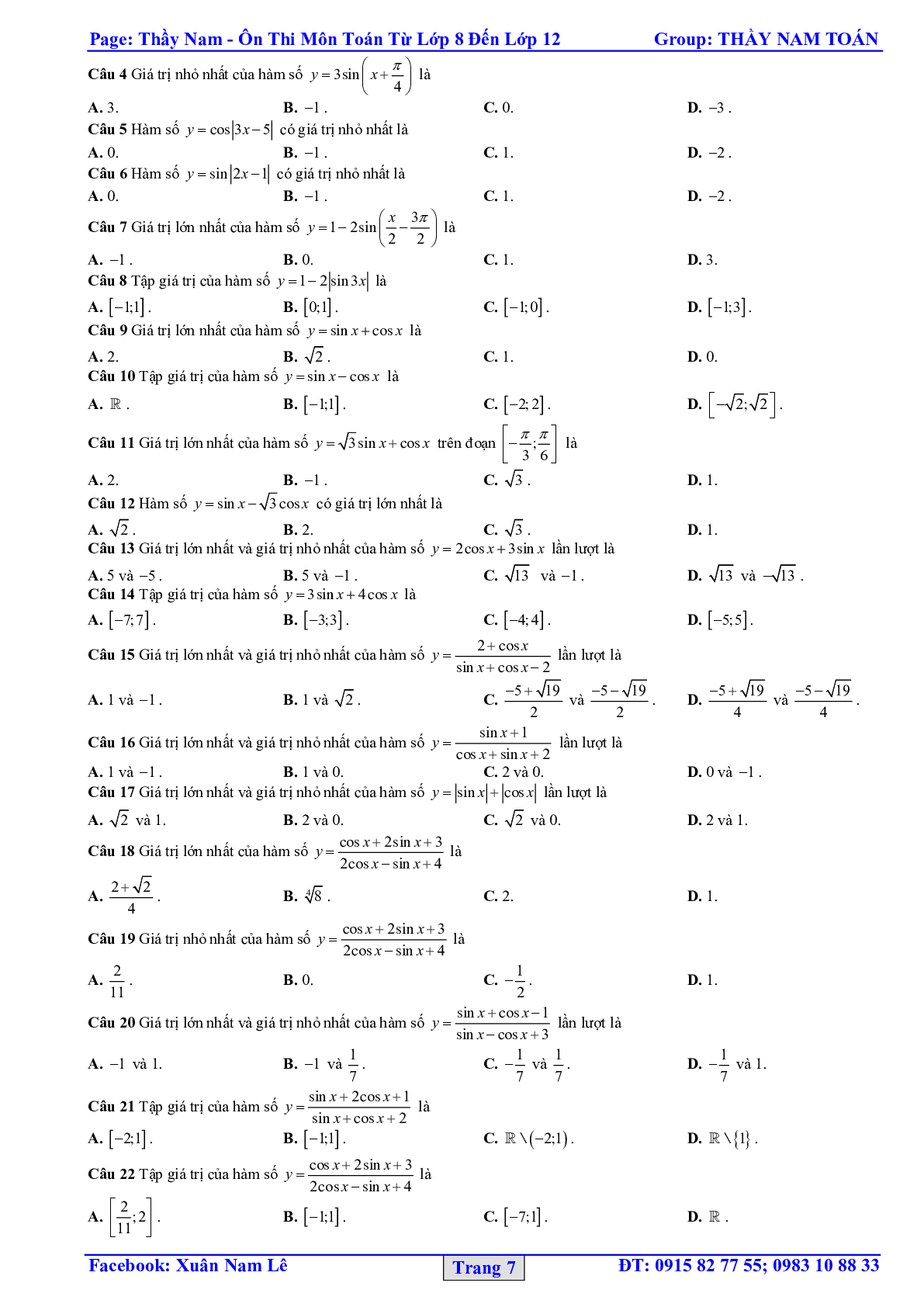 32 Bài tập trắc nghiệm hàm số lượng giác và phương trình lượng giác 2023 – bản 1 (trang 7)