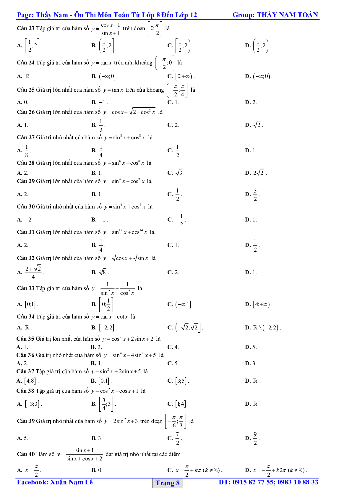 32 Bài tập trắc nghiệm hàm số lượng giác và phương trình lượng giác 2023 – bản 1 (trang 8)