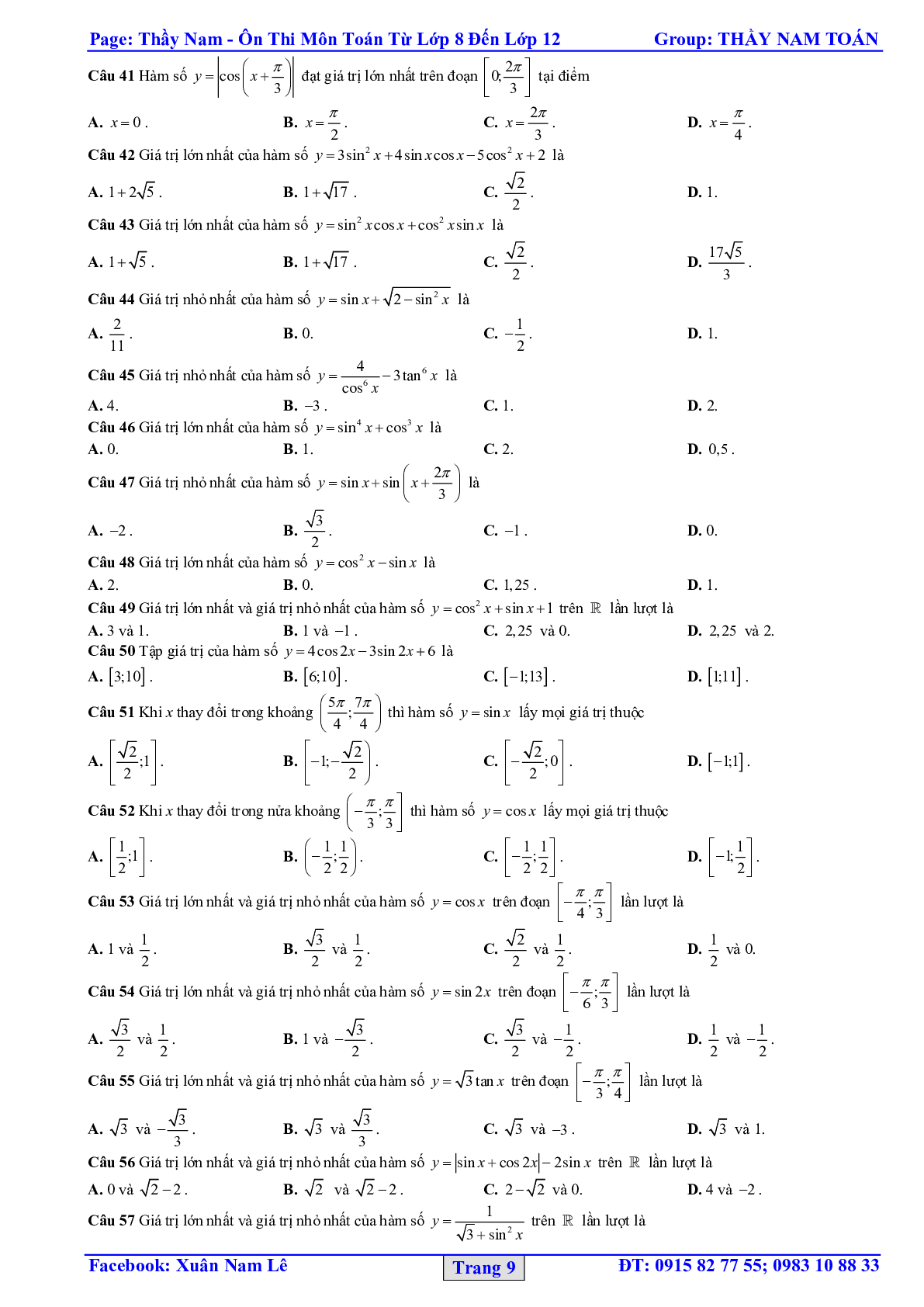 32 Bài tập trắc nghiệm hàm số lượng giác và phương trình lượng giác 2023 – bản 1 (trang 9)