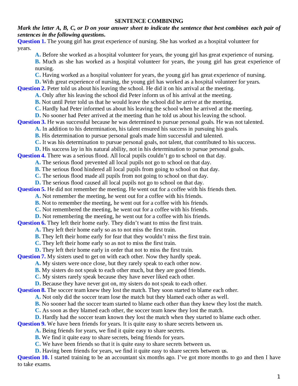 80 câu trắc nghiệm Tiếng Anh 12 dạng bài Sentence Combining chọn lọc (trang 1)