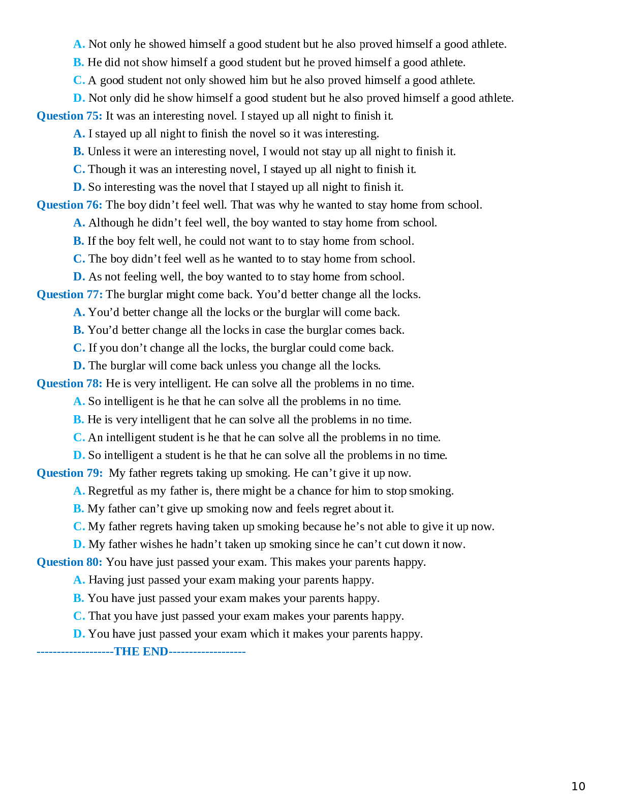 80 câu trắc nghiệm Tiếng Anh 12 dạng bài Sentence Combining chọn lọc (trang 10)