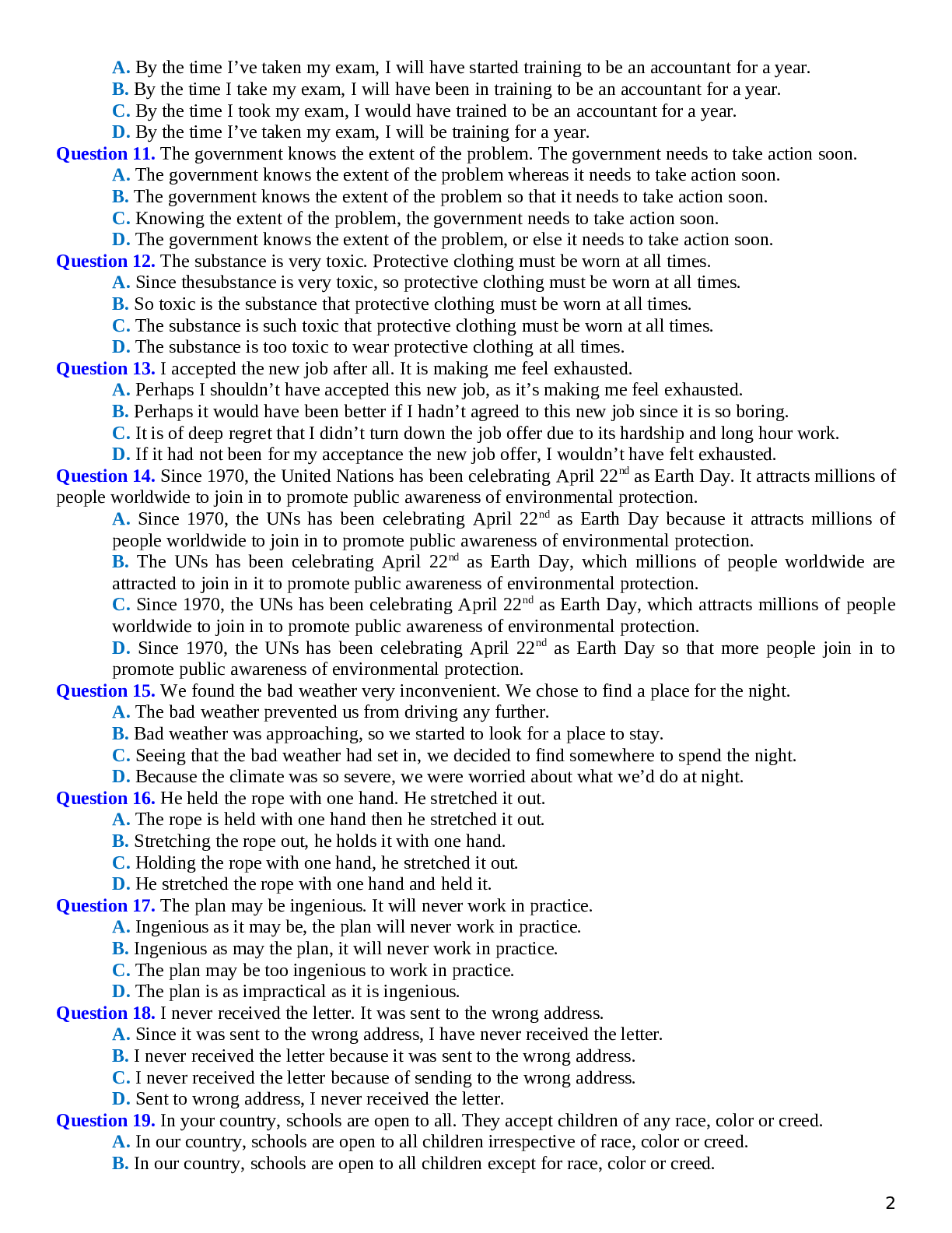 80 câu trắc nghiệm Tiếng Anh 12 dạng bài Sentence Combining chọn lọc (trang 2)