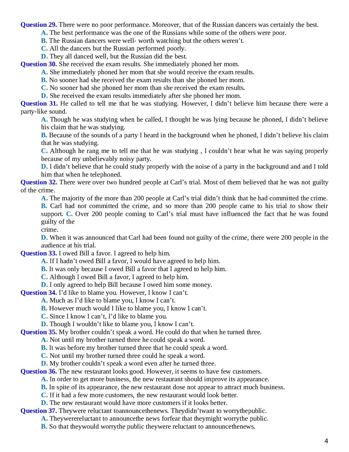 80 câu trắc nghiệm Tiếng Anh 12 dạng bài Sentence Combining chọn lọc (trang 4)