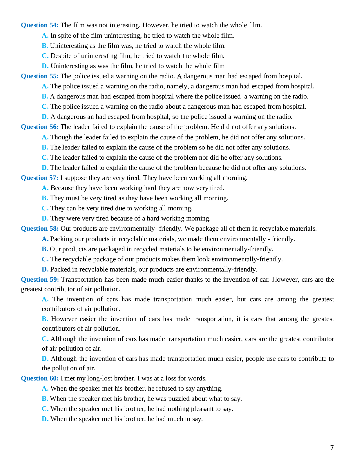 80 câu trắc nghiệm Tiếng Anh 12 dạng bài Sentence Combining chọn lọc (trang 7)