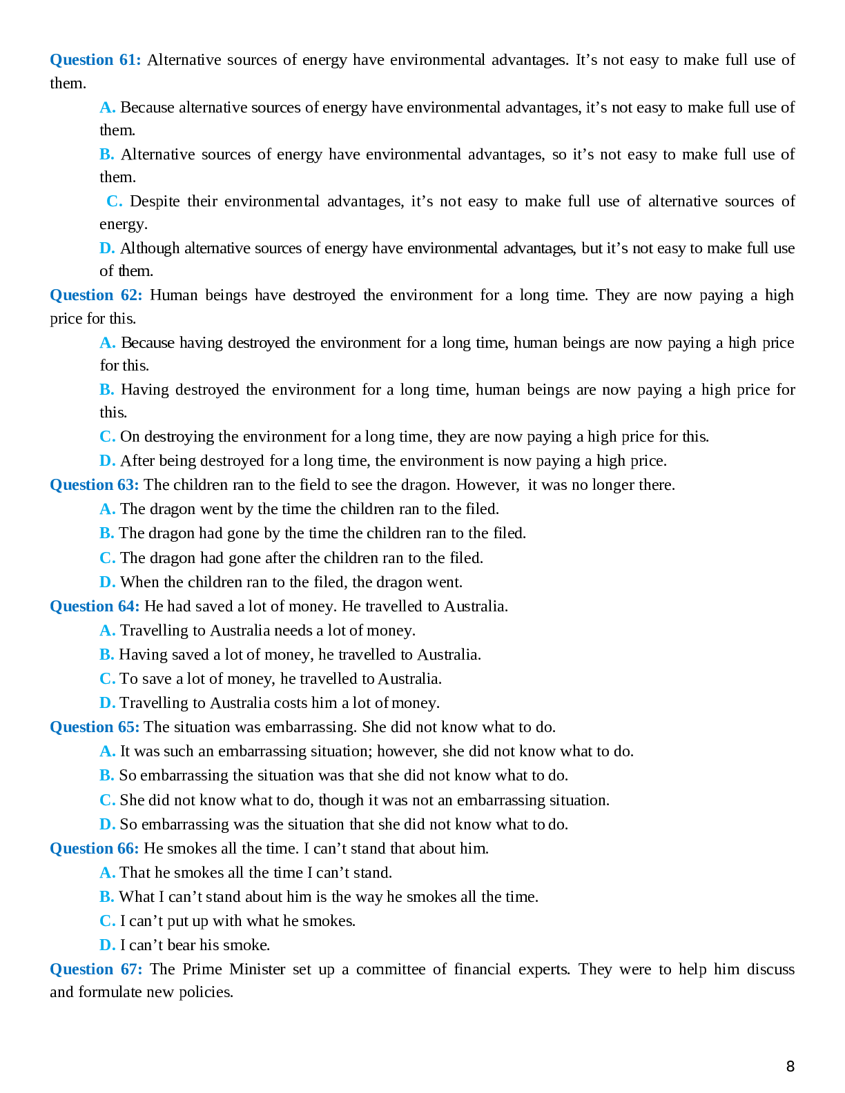 80 câu trắc nghiệm Tiếng Anh 12 dạng bài Sentence Combining chọn lọc (trang 8)