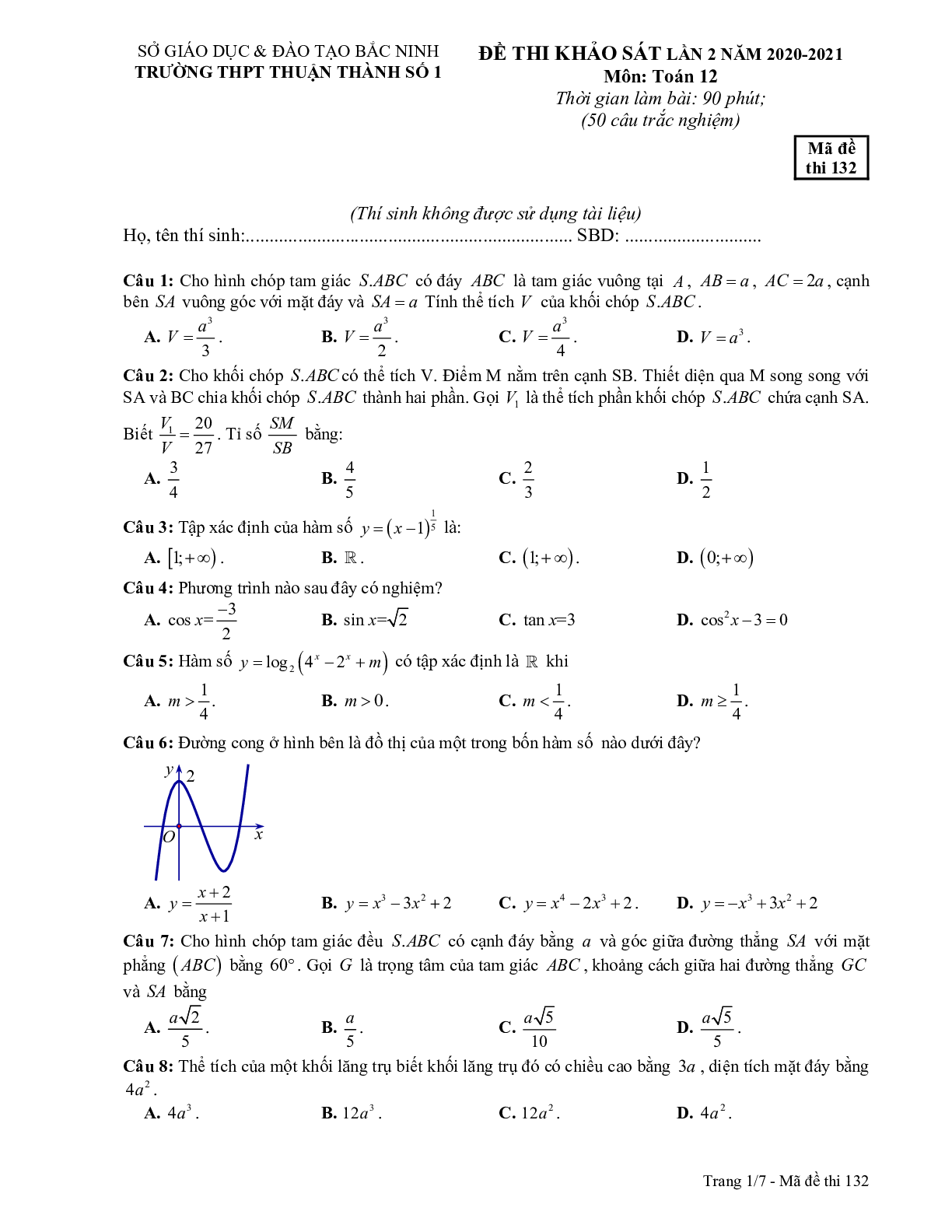 Đề khảo sát Toán 12 lần 2 năm 2020 – 2021 trường Thuận Thành 1 – Bắc Ninh (trang 1)