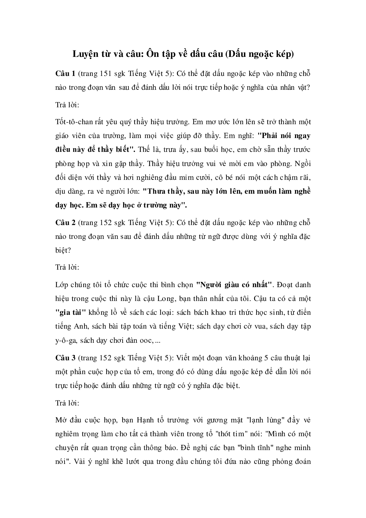 Soạn Tiếng Việt lớp 5: Luyện từ và câu: Ôn tập về dấu câu (Dấu ngoặc kép) mới nhất (trang 1)