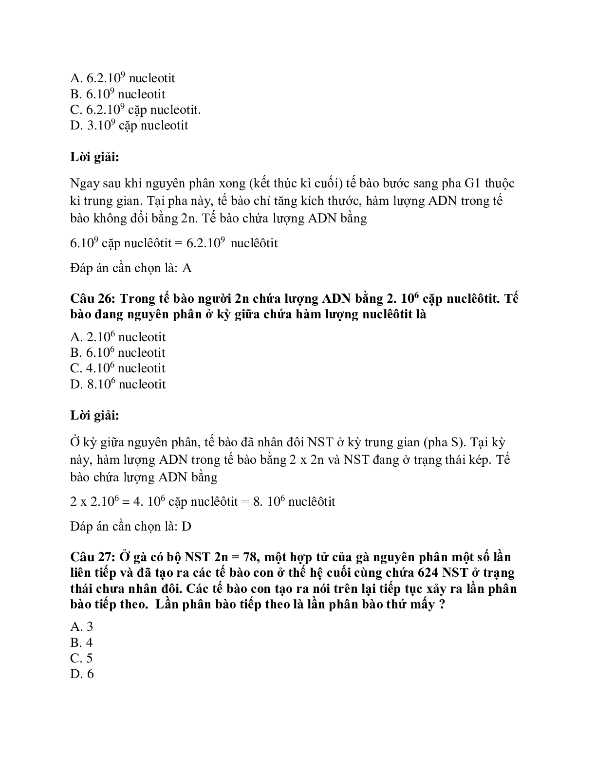 Trắc nghiệm Sinh học 10 Bài 18 có đáp án: Các dạng bài tập về quá trình nguyên phân (trang 10)