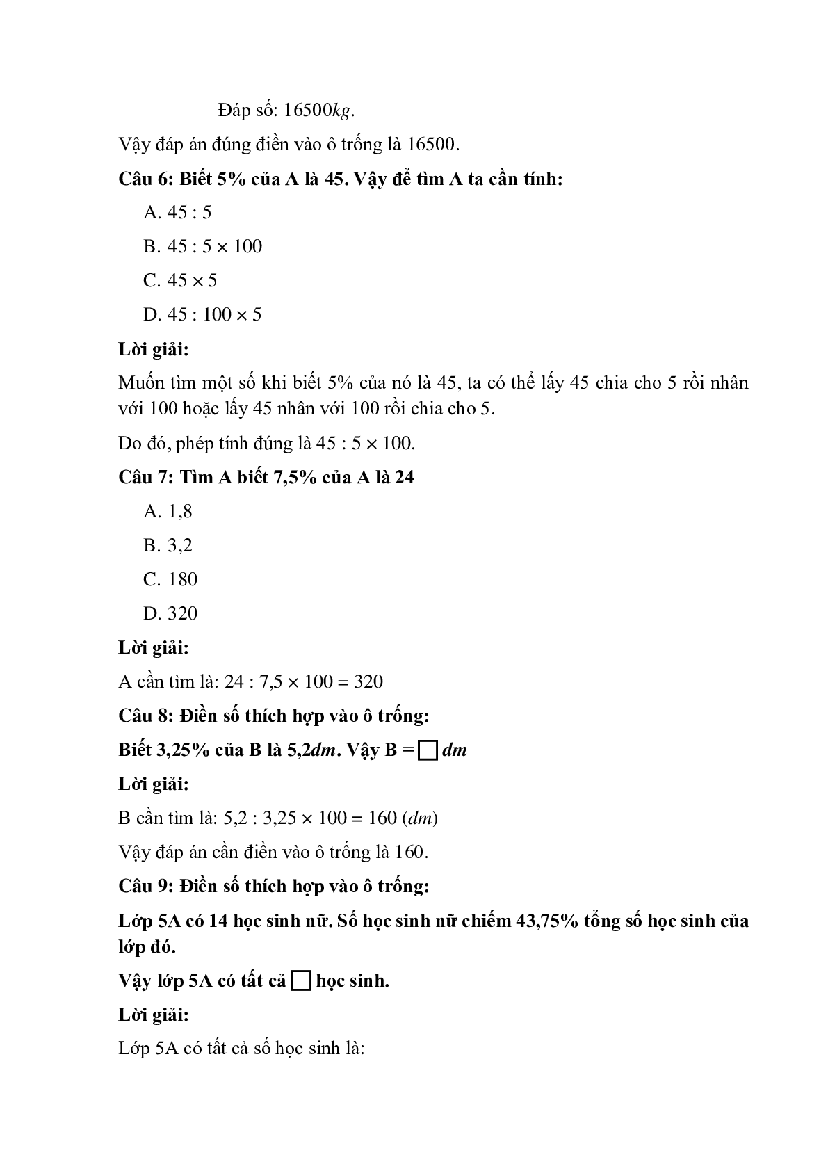 13 câu Trắc nghiệm Giải toán về tỉ số phần trăm - Tìm một số khi biết giá trị phần trăm của số đó có đáp án 2023 – Toán lớp 5 (trang 3)