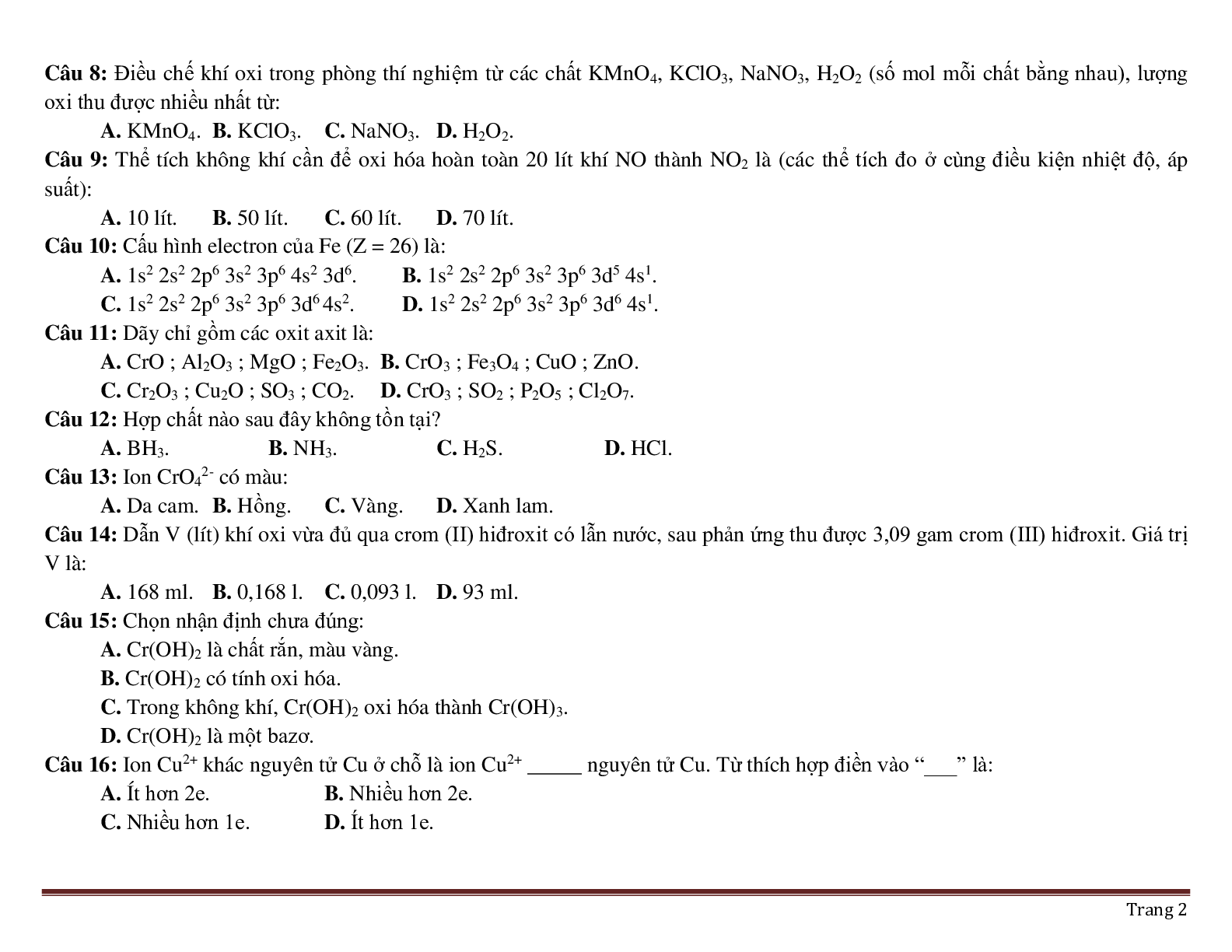 200 câu trắc nghiệm chương 4: Oxi- Không khí môn Hóa lớp 8 có đáp án 2023 (trang 2)