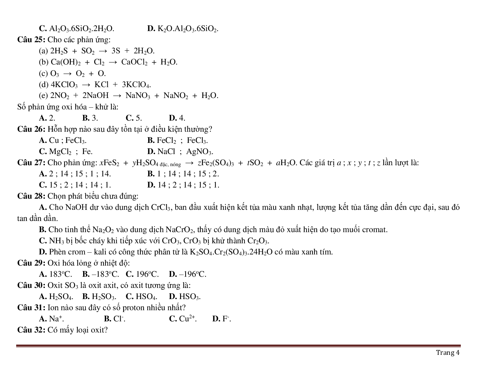 200 câu trắc nghiệm chương 4: Oxi- Không khí môn Hóa lớp 8 có đáp án 2023 (trang 4)