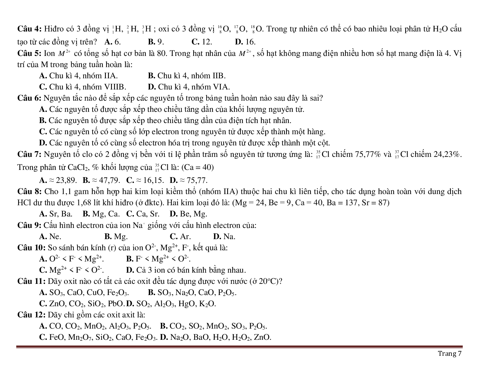 200 câu trắc nghiệm chương 4: Oxi- Không khí môn Hóa lớp 8 có đáp án 2023 (trang 7)
