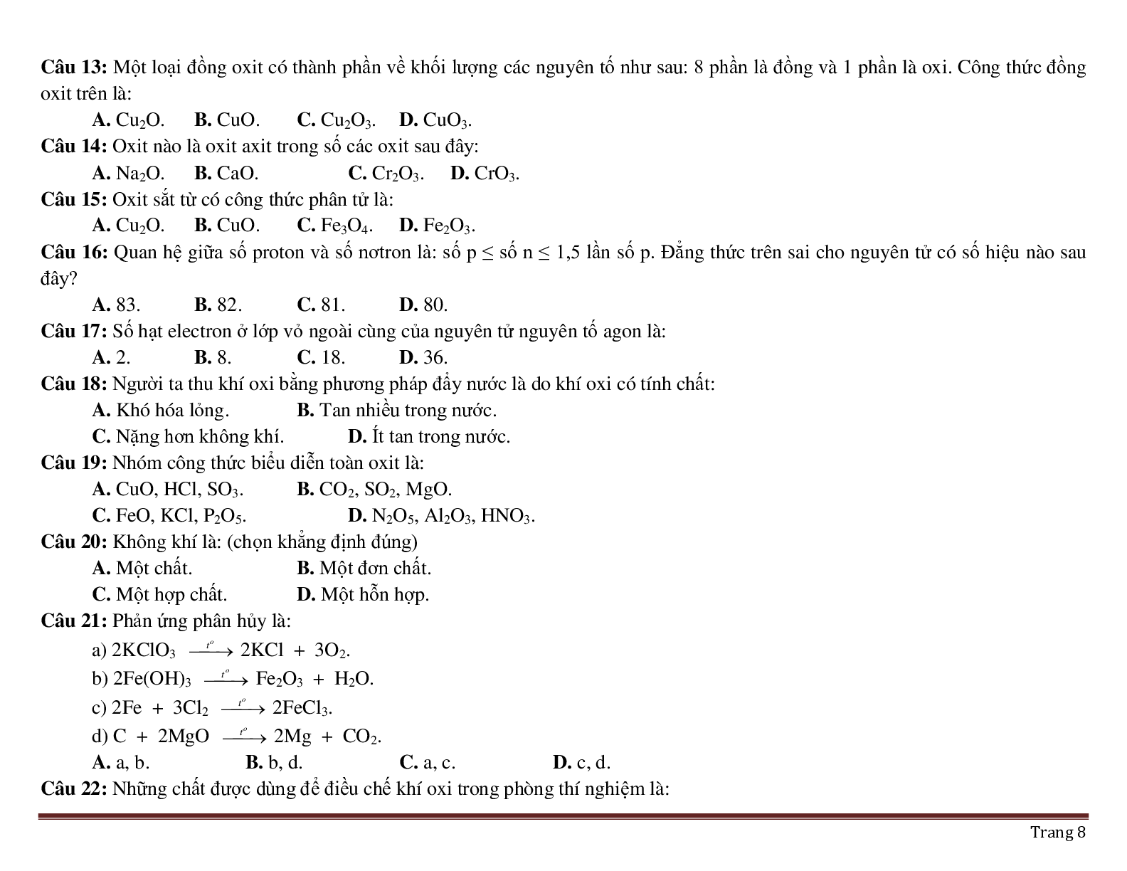 200 câu trắc nghiệm chương 4: Oxi- Không khí môn Hóa lớp 8 có đáp án 2023 (trang 8)