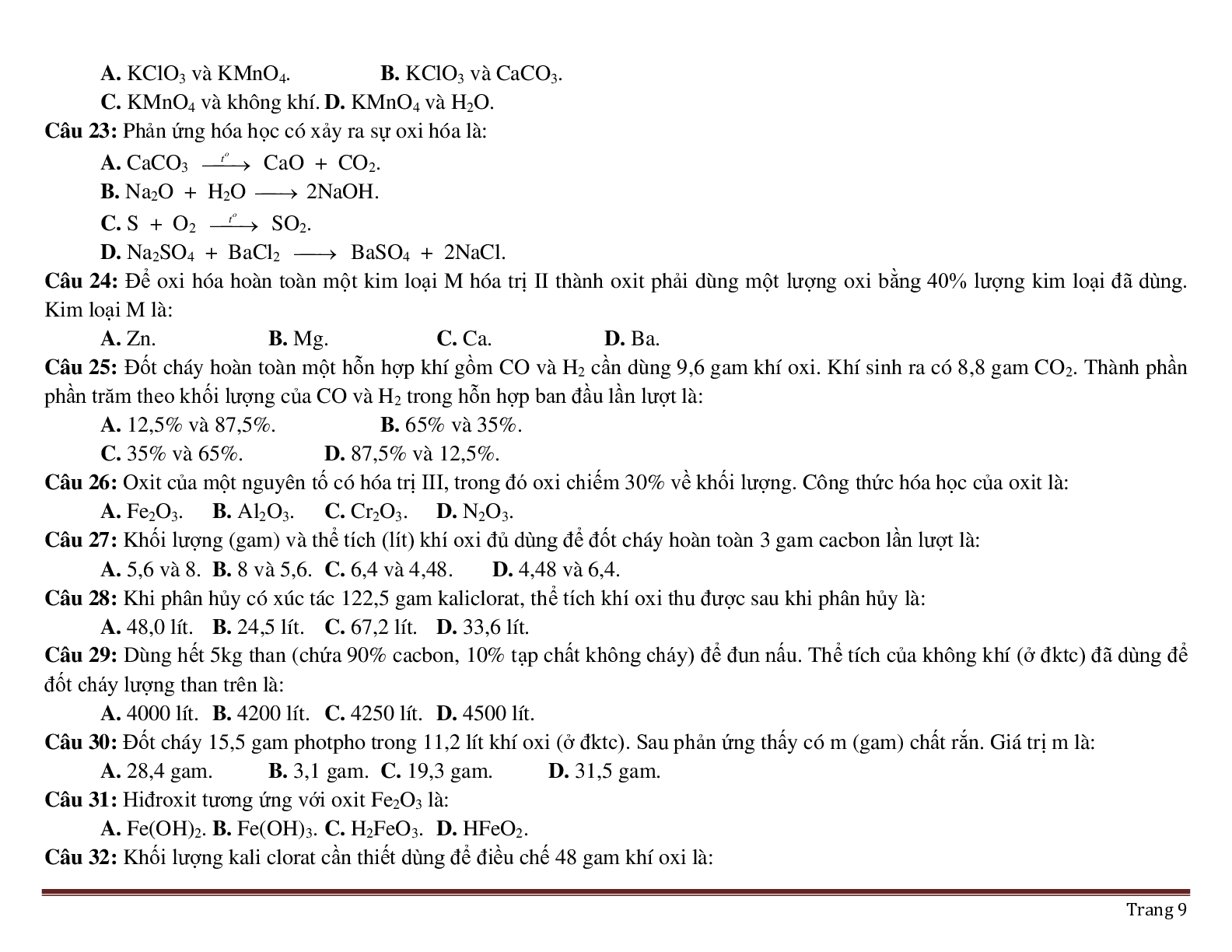 200 câu trắc nghiệm chương 4: Oxi- Không khí môn Hóa lớp 8 có đáp án 2023 (trang 9)