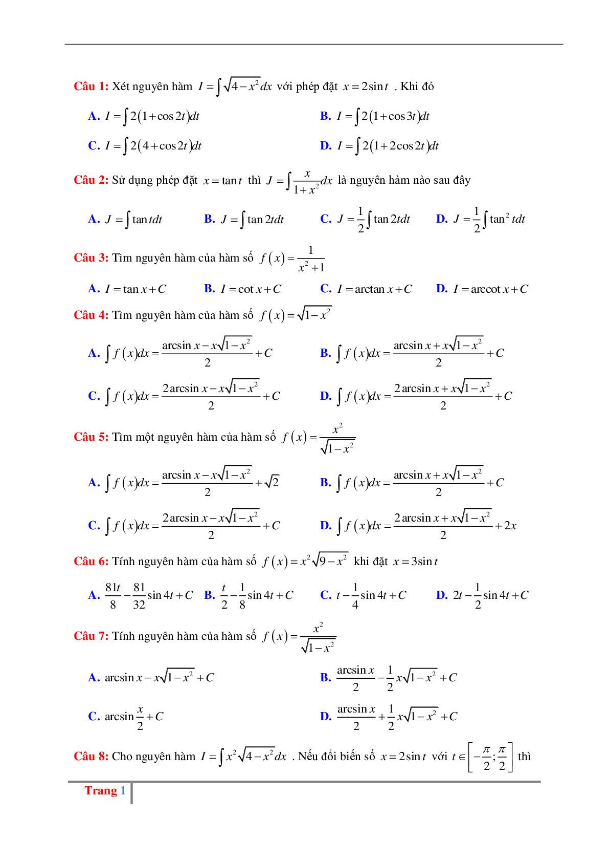 Bài tập về Phương pháp đổi biến số tìm nguyên hàm dạng 2 có đáp án, chọn lọc (trang 1)