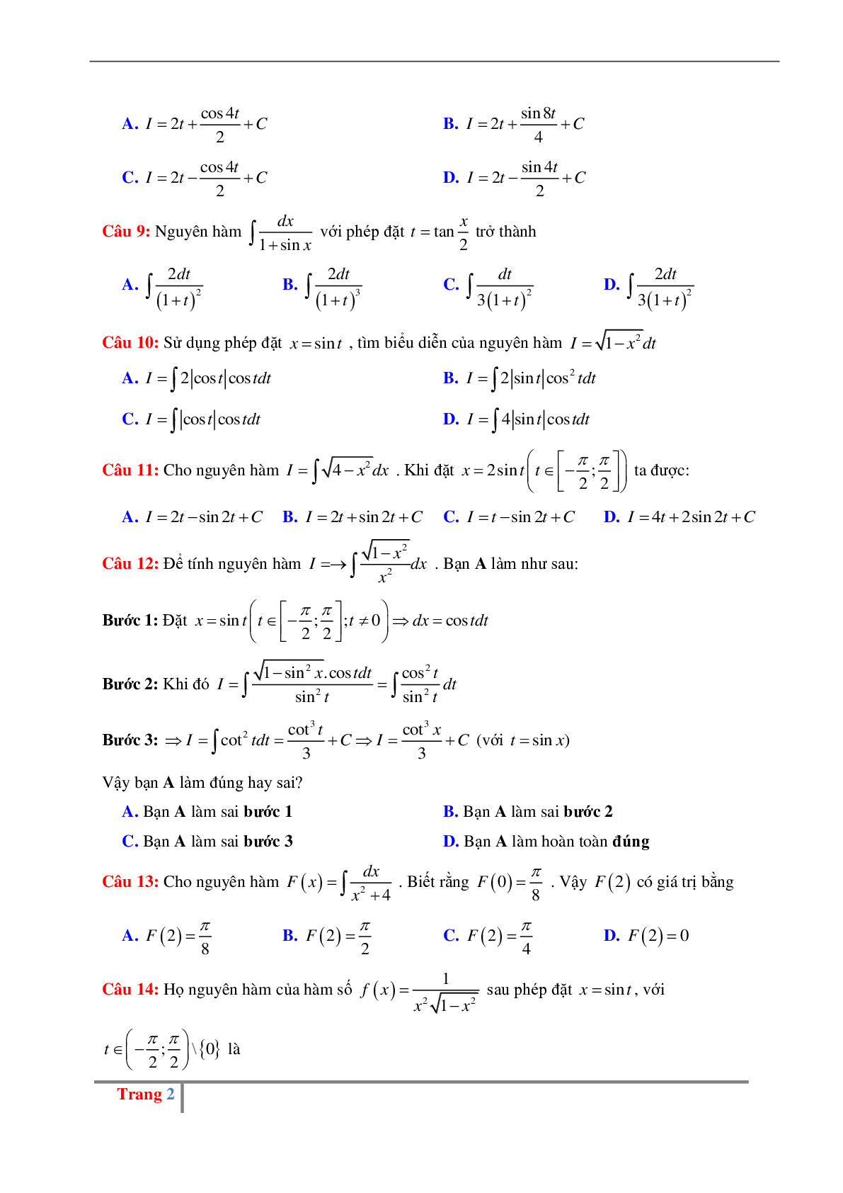 Bài tập về Phương pháp đổi biến số tìm nguyên hàm dạng 2 có đáp án, chọn lọc (trang 2)