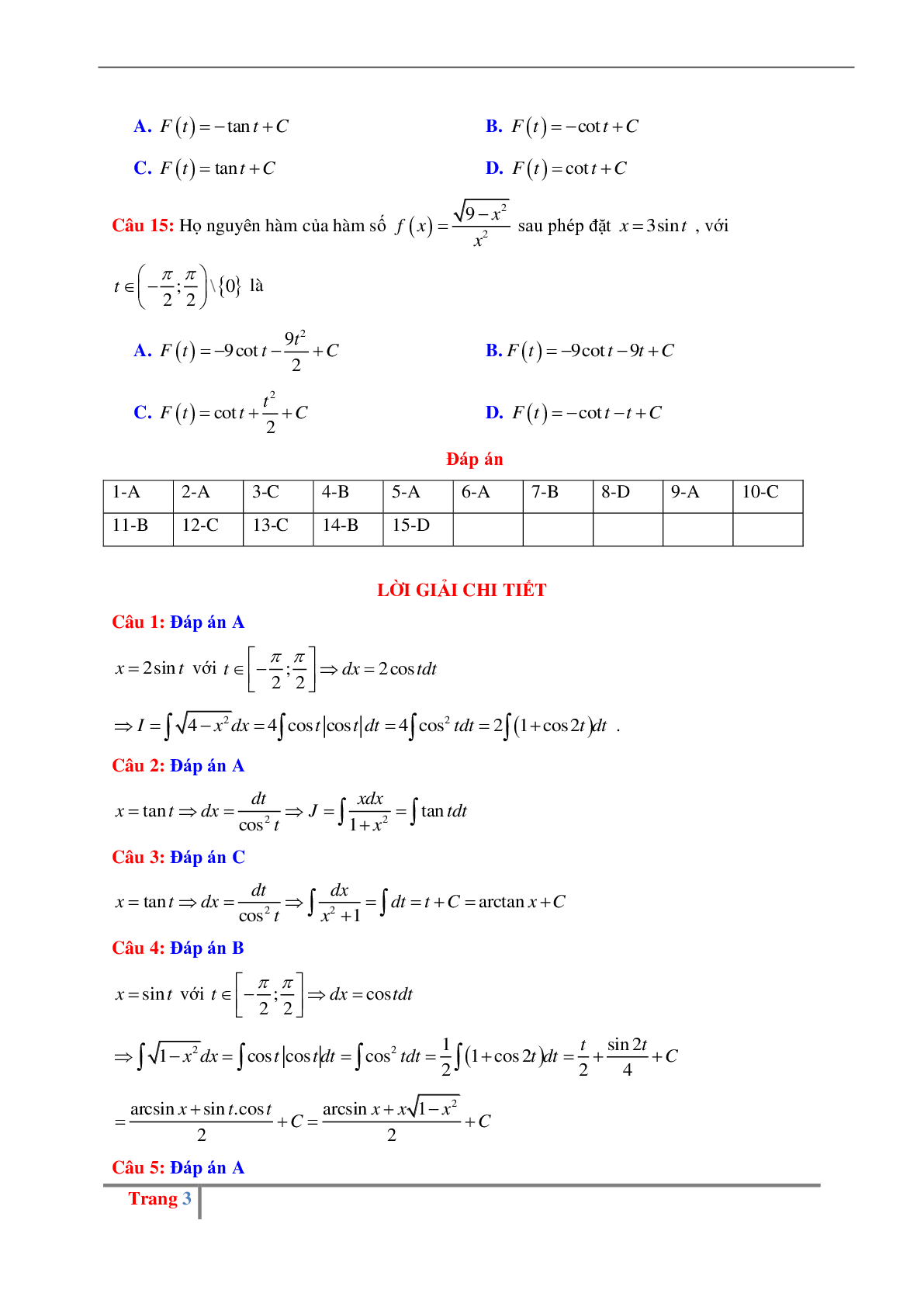 Bài tập về Phương pháp đổi biến số tìm nguyên hàm dạng 2 có đáp án, chọn lọc (trang 3)