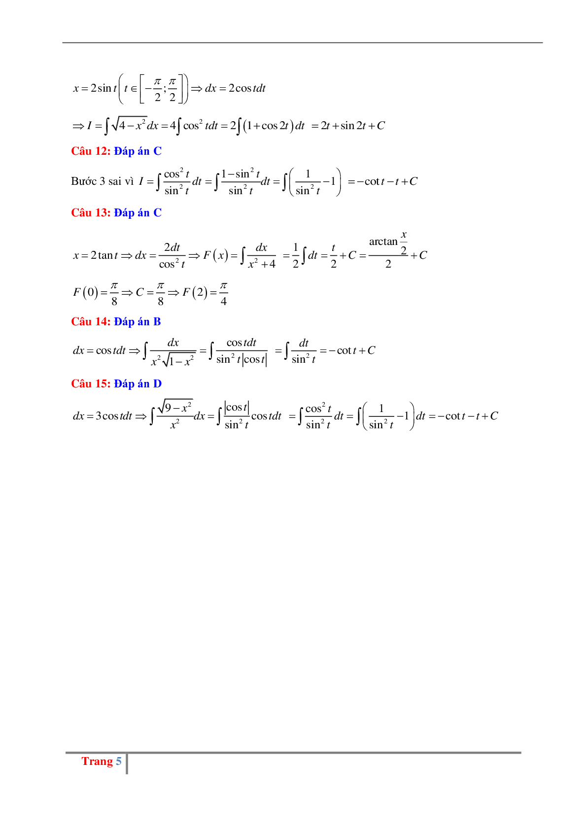 Bài tập về Phương pháp đổi biến số tìm nguyên hàm dạng 2 có đáp án, chọn lọc (trang 5)