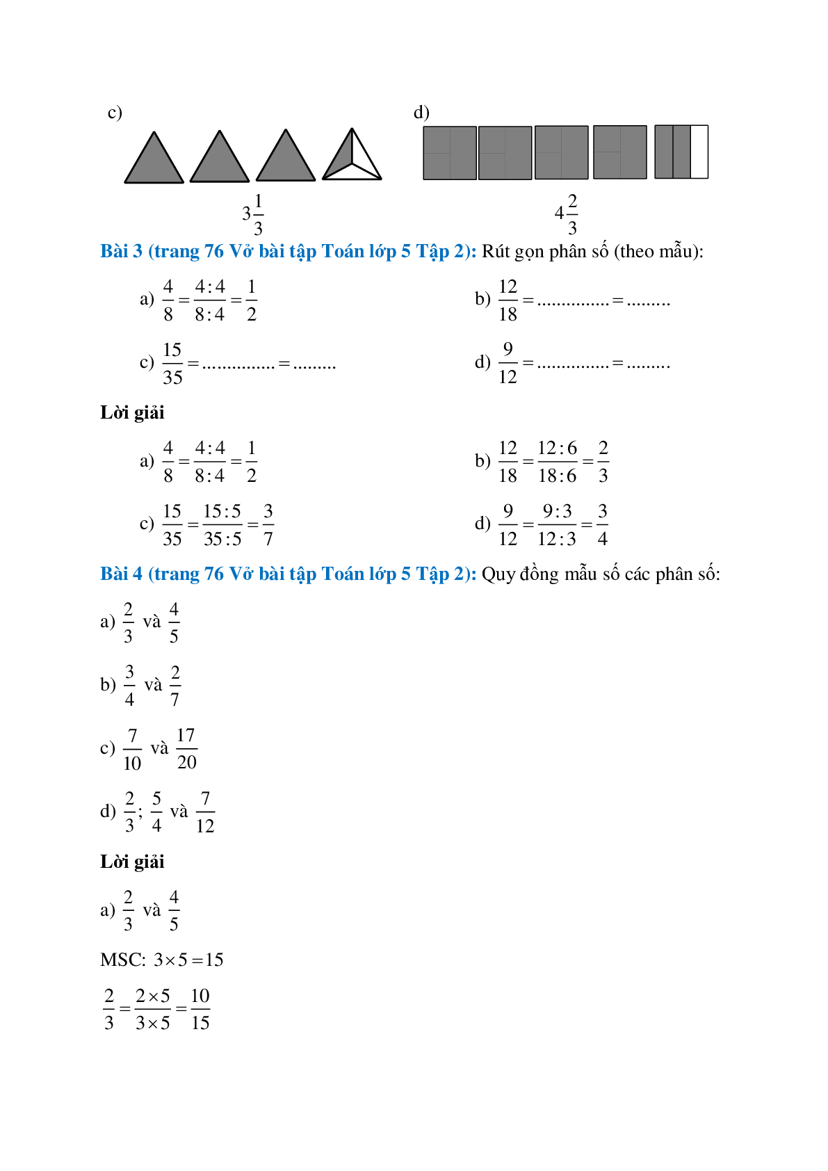 Vở bài tập Toán lớp 5 Tập 2 trang 75, 76 Bài 140: Ôn tập về phân số (trang 2)