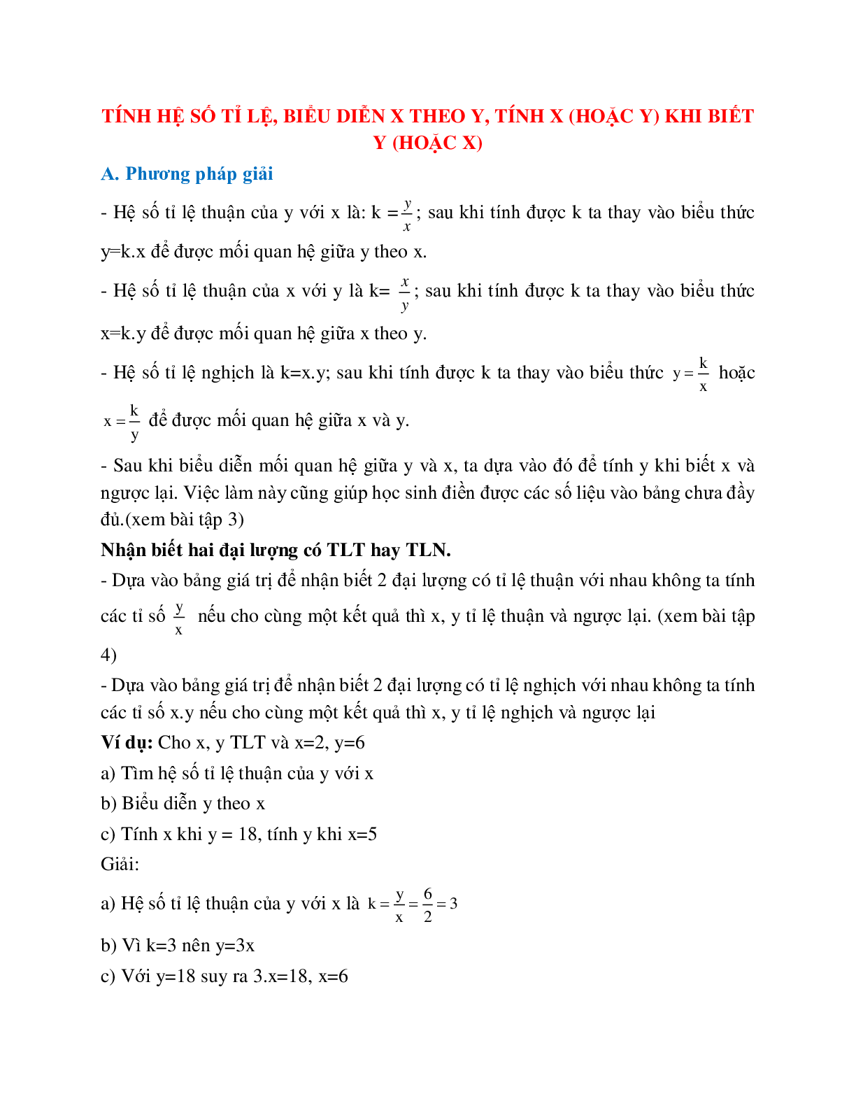 Cách giải Tính hệ số tỉ lệ, biểu diễn x theo y, tính x (hoặc y) khi biết y (hoặc x) (trang 1)