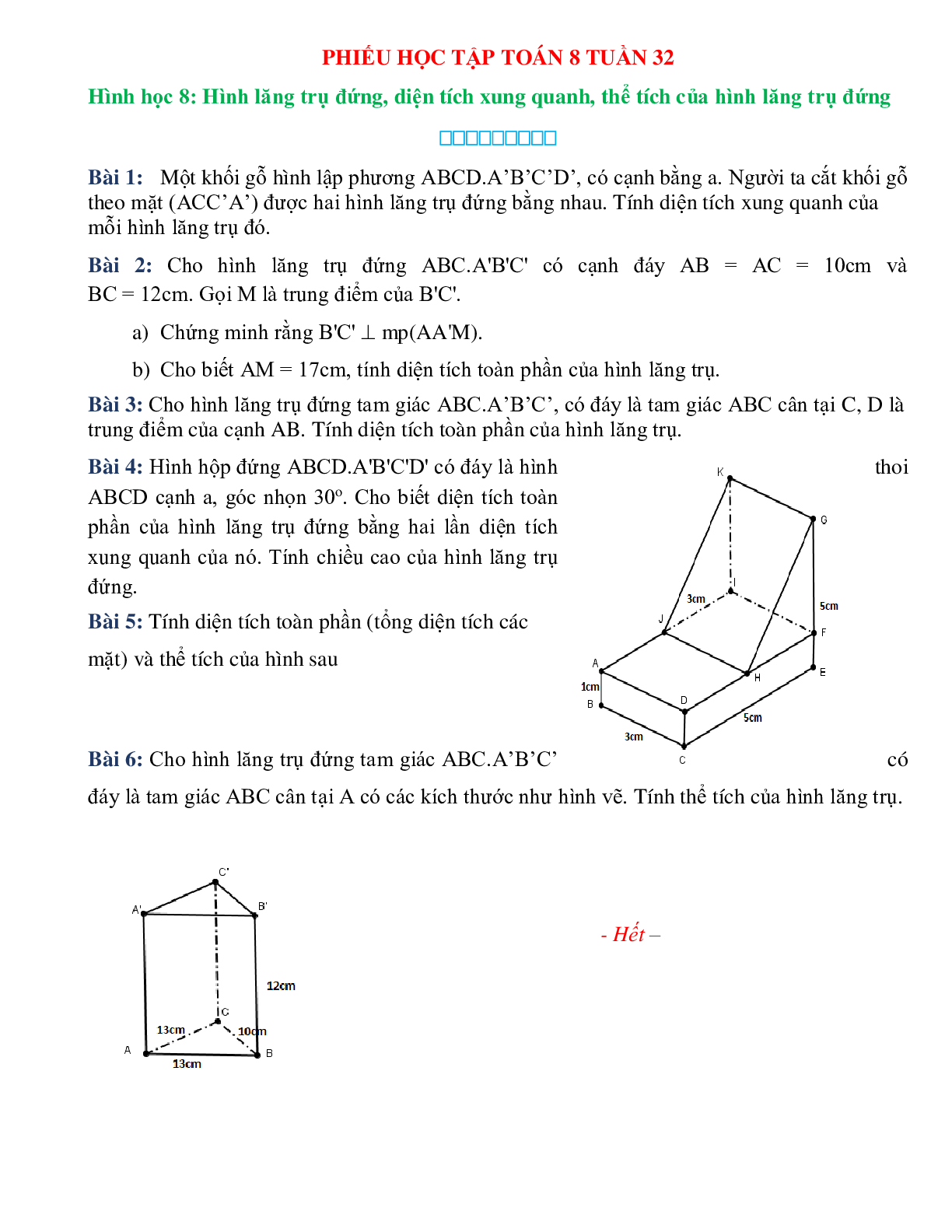 Phiếu bài tập tuần 32 - Toán 8 (trang 1)