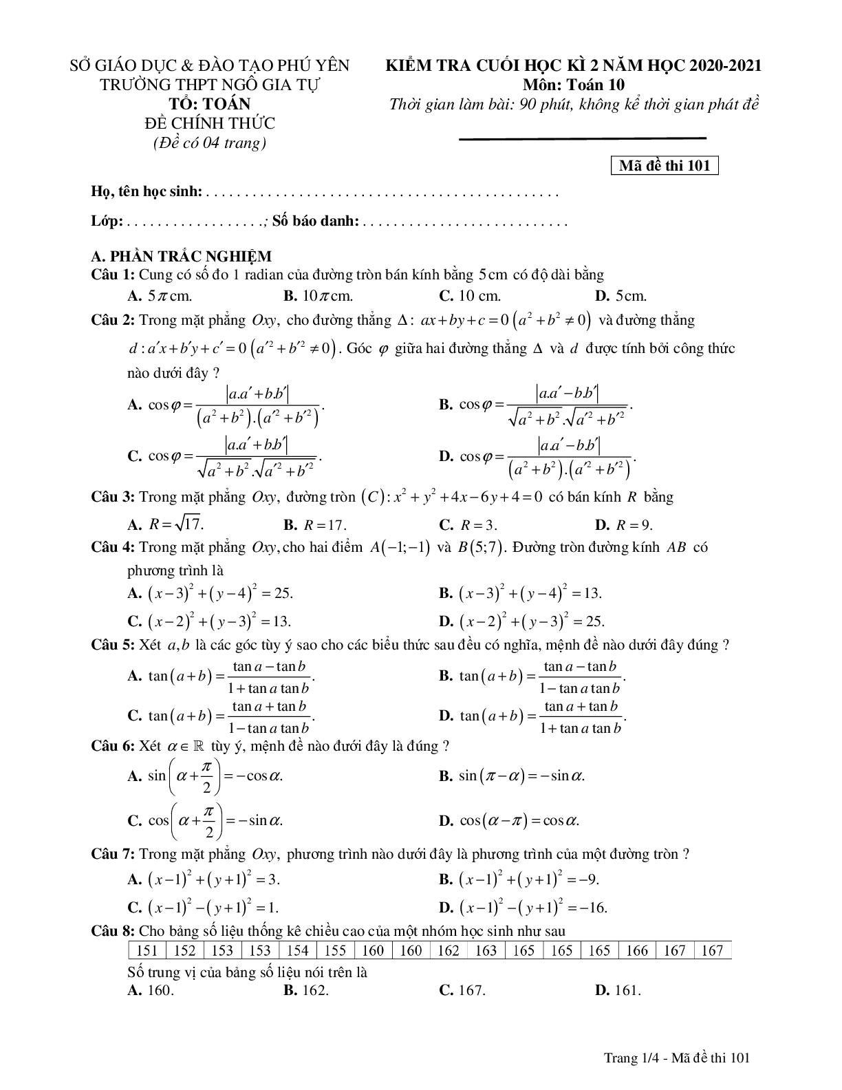 Đề thi học kì 2 môn toán 10 trường THPT Ngô Gia Tự năm học 2020-2021 (trang 1)
