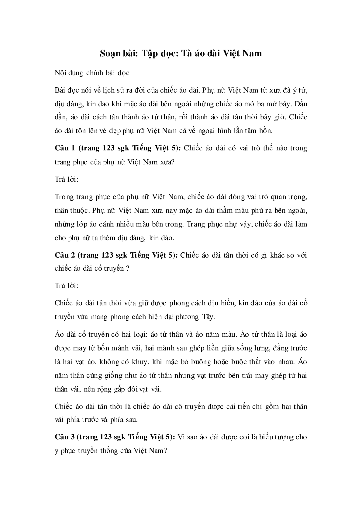 Soạn Tiếng Việt lớp 5: Tập đọc: Tà áo dài Việt Nam mới nhất (trang 1)