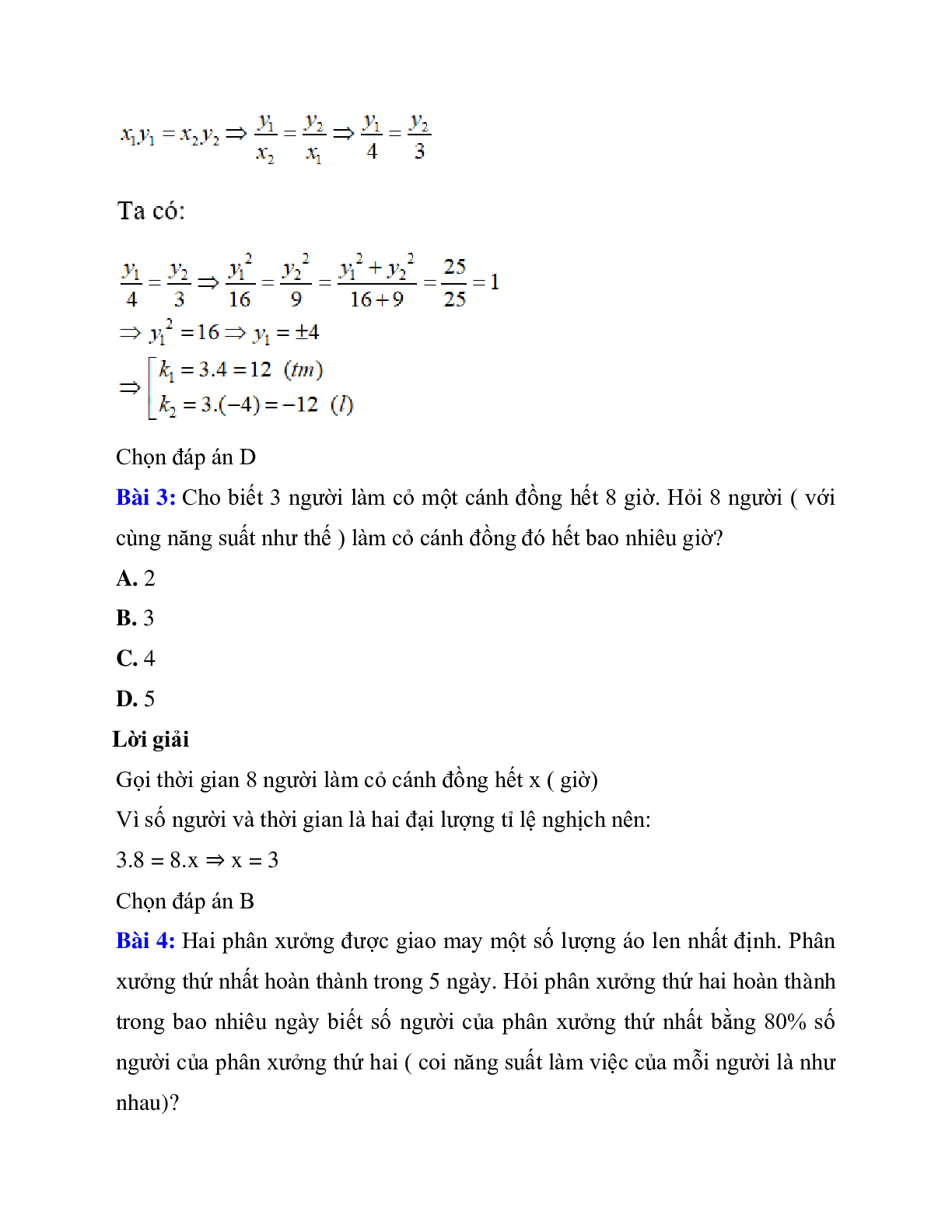 Trắc nghiệm Một số bài toán về đại lượng tỉ lệ nghịch có đáp án 2023 – Toán lớp 7 (trang 2)
