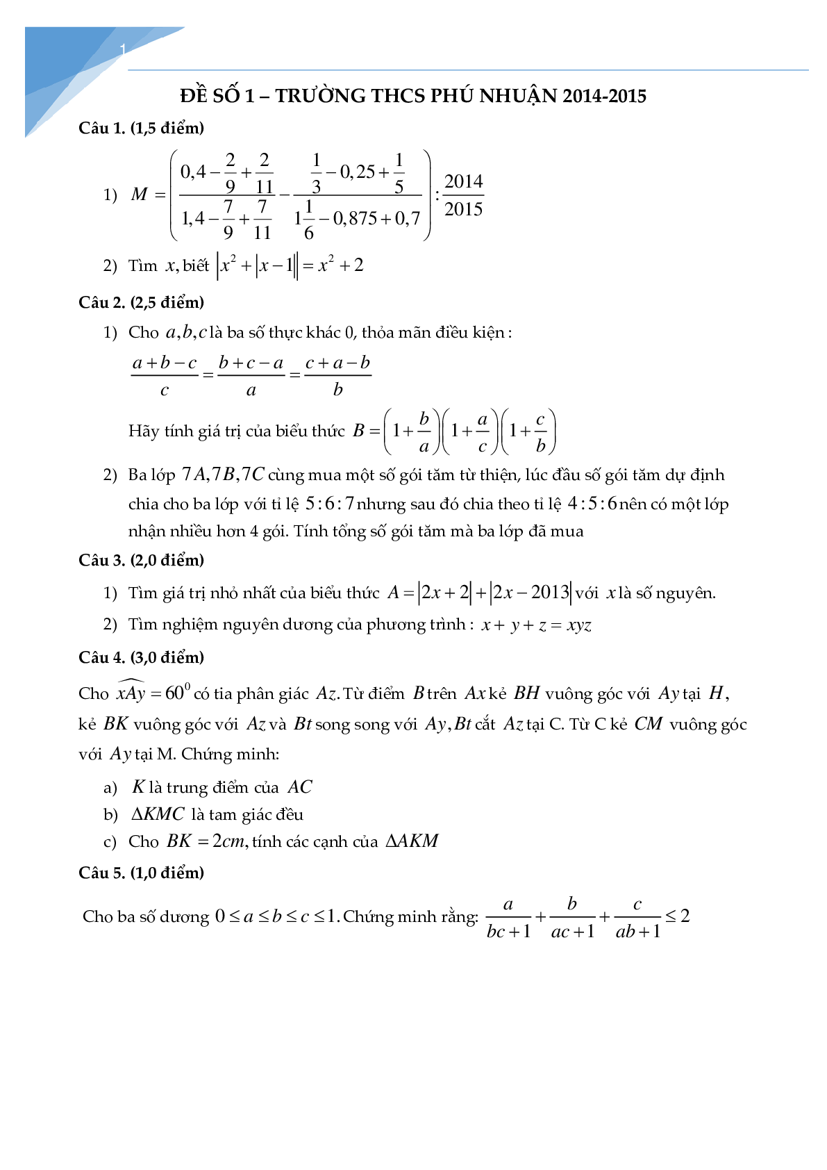 Bộ đề thi học sinh giỏi toán lớp 7 (trang 1)