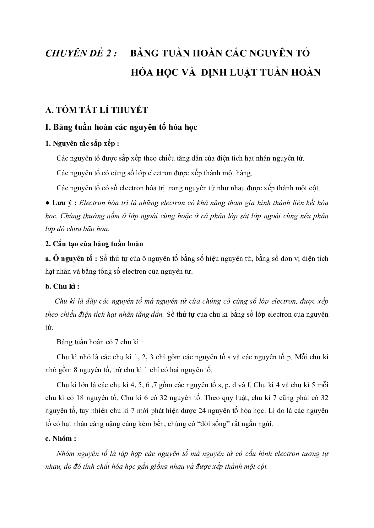 Lý thuyết và bài tập trắc nghiệm Chương Bảng tuần hoàn môn Hóa lớp 10 có đáp án (trang 1)