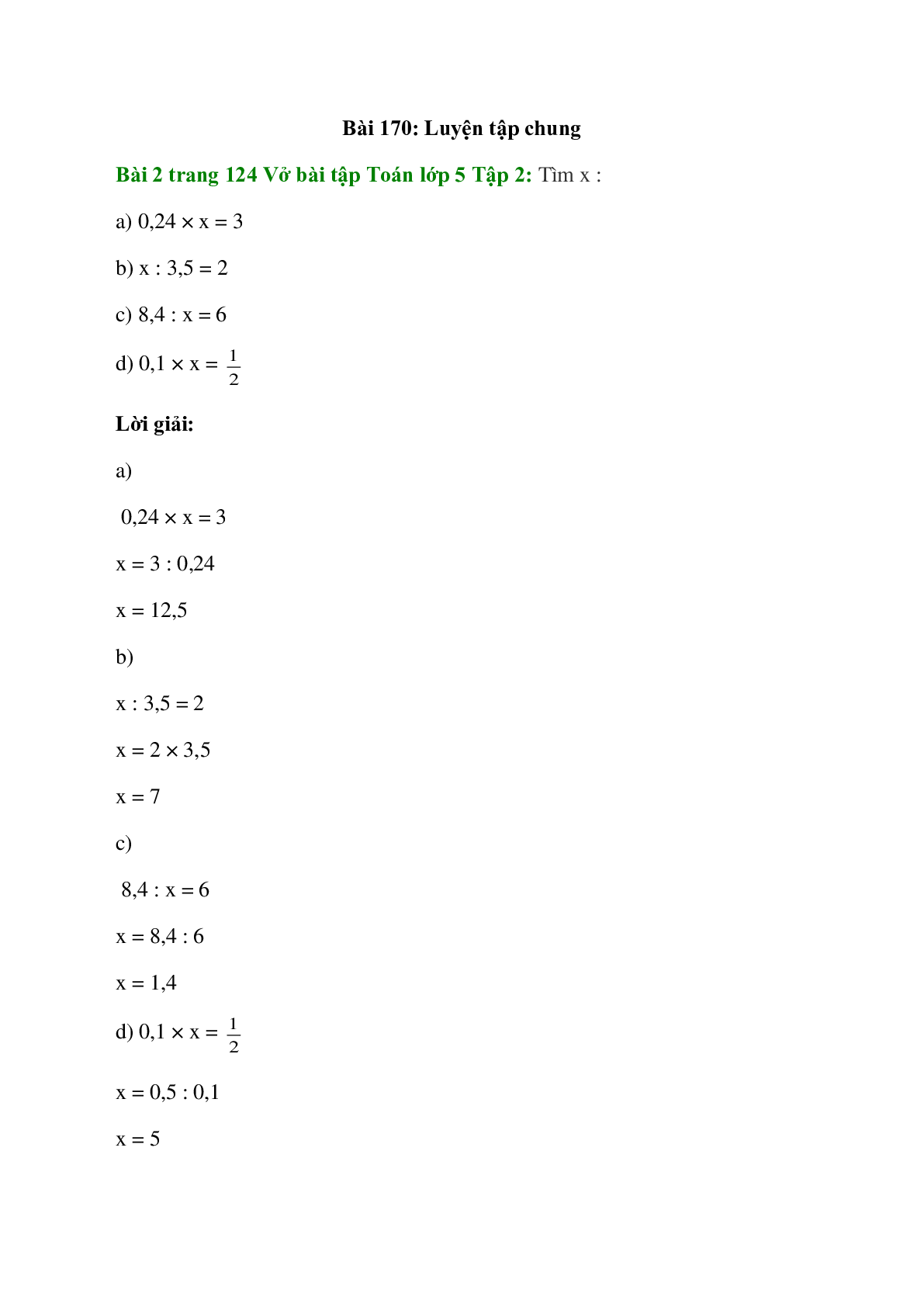 Tìm x: 0,24 × x = 3; x : 3,5 = 2 (trang 1)