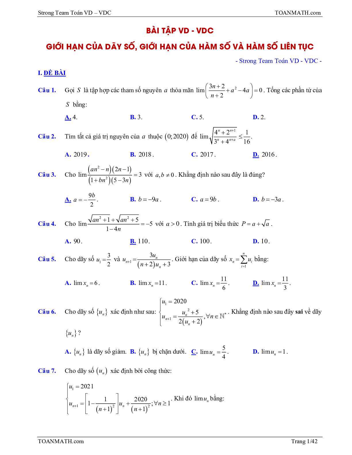 Bài tập VD – VDC giới hạn của dãy số, giới hạn của hàm số và hàm số liên tục (trang 1)