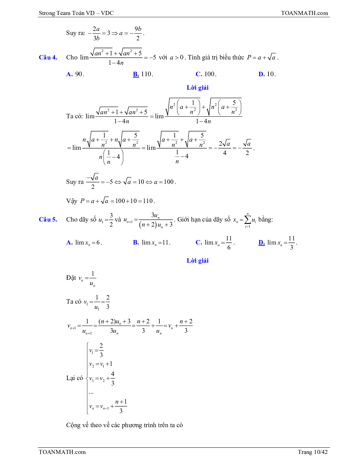Bài tập VD – VDC giới hạn của dãy số, giới hạn của hàm số và hàm số liên tục (trang 10)