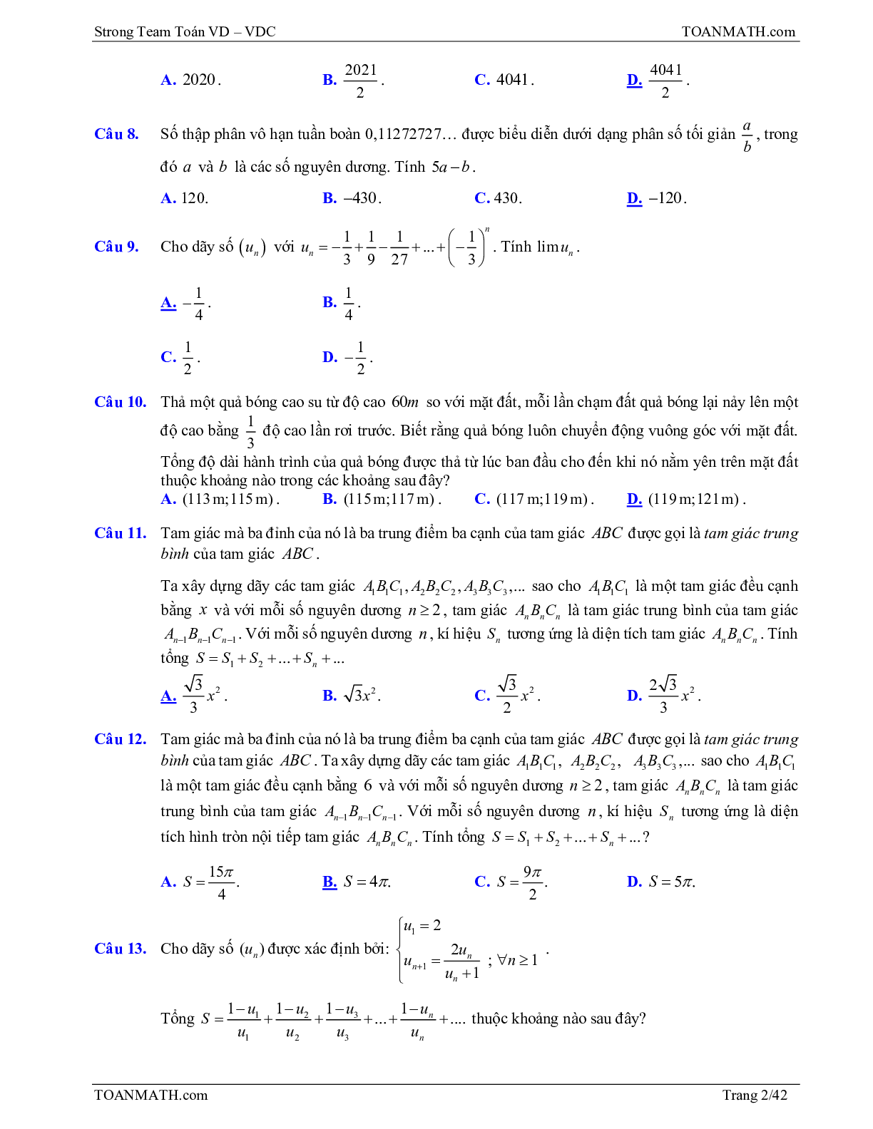 Bài tập VD – VDC giới hạn của dãy số, giới hạn của hàm số và hàm số liên tục (trang 2)