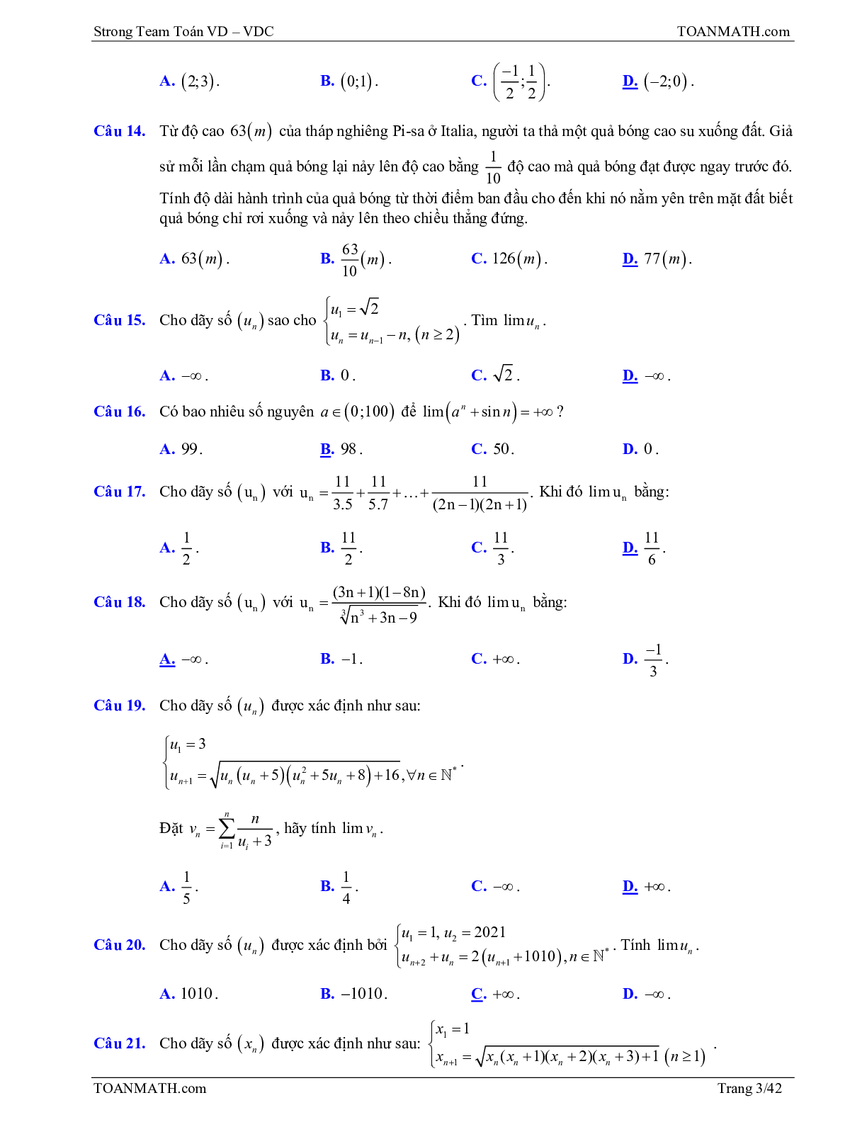 Bài tập VD – VDC giới hạn của dãy số, giới hạn của hàm số và hàm số liên tục (trang 3)