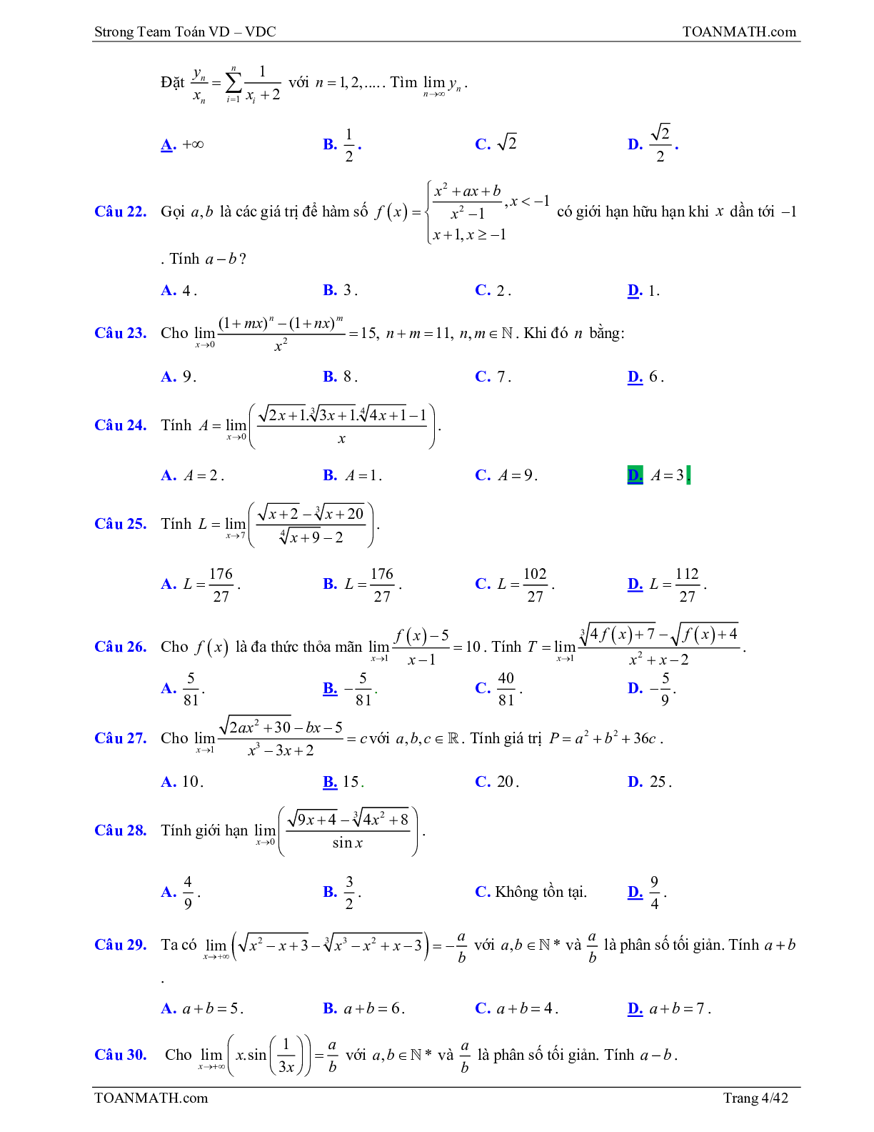 Bài tập VD – VDC giới hạn của dãy số, giới hạn của hàm số và hàm số liên tục (trang 4)