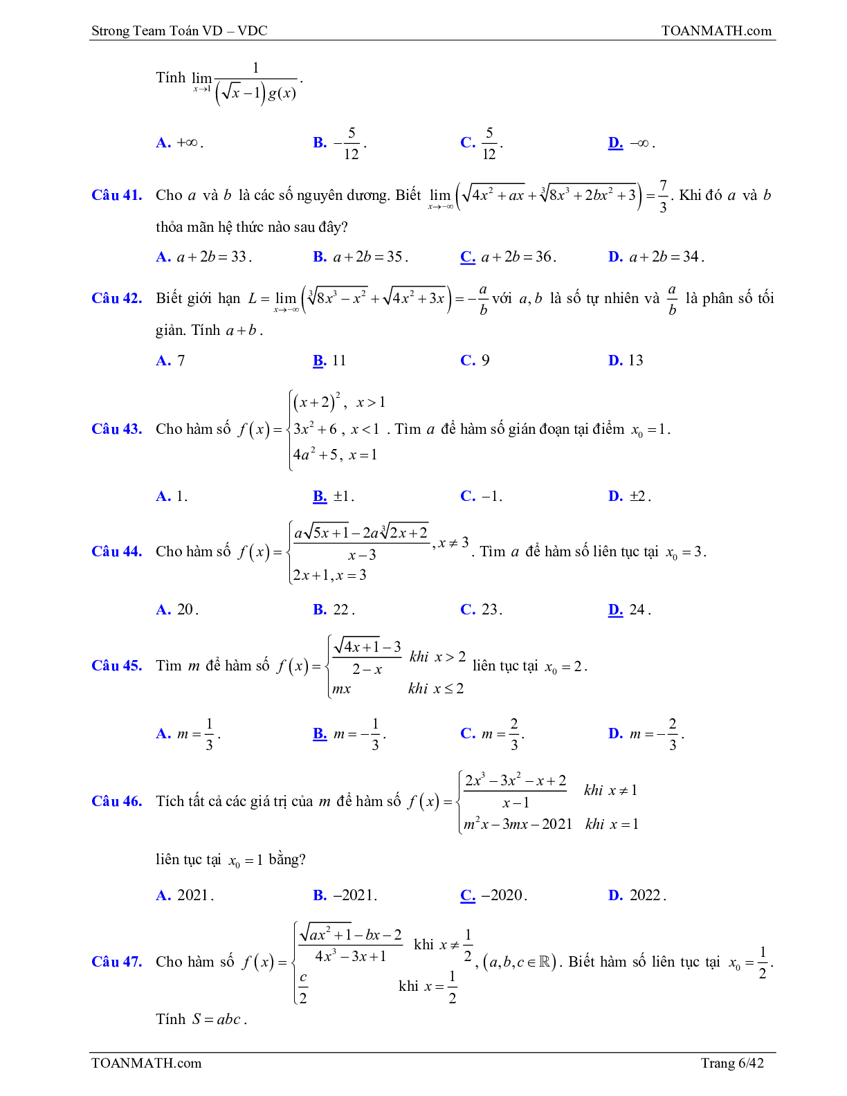 Bài tập VD – VDC giới hạn của dãy số, giới hạn của hàm số và hàm số liên tục (trang 6)