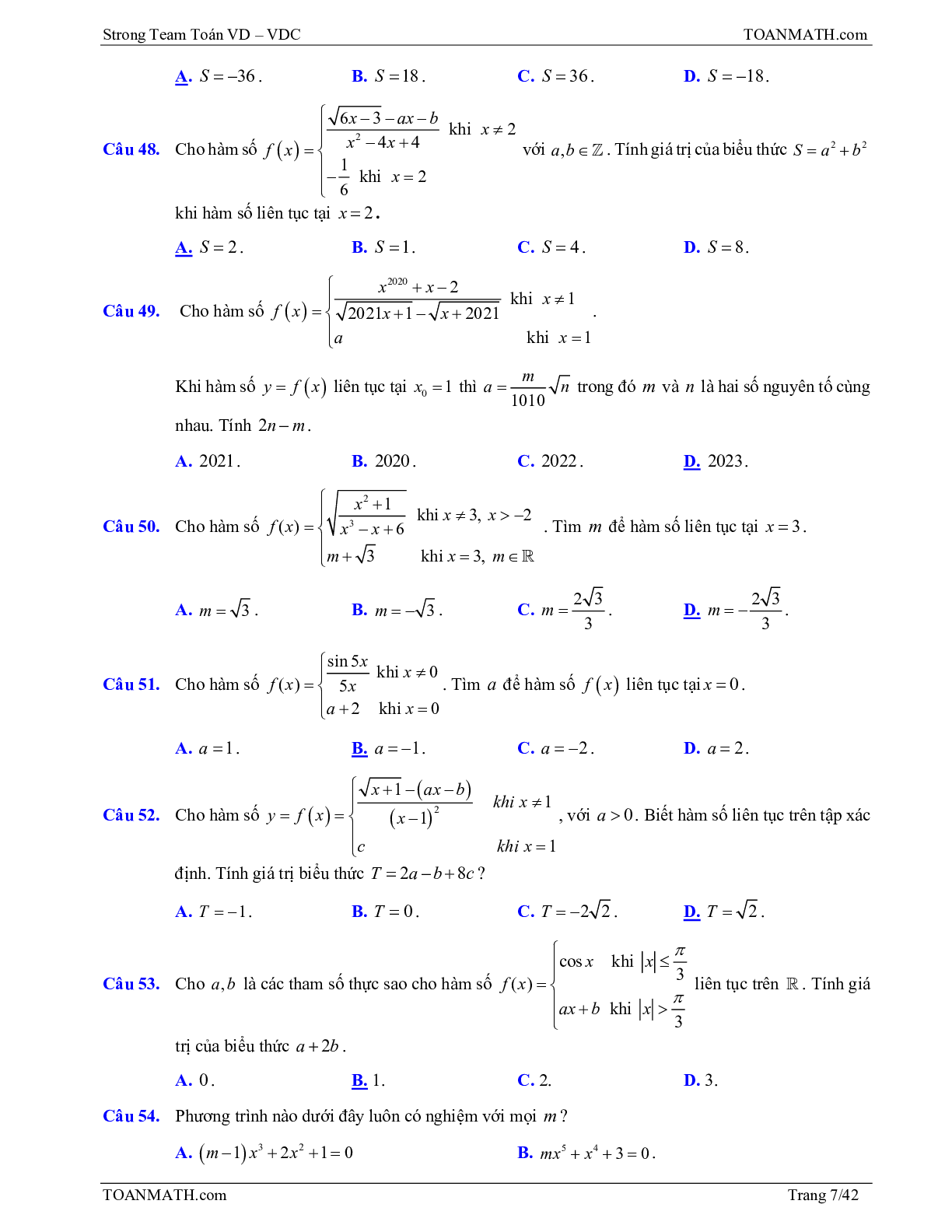Bài tập VD – VDC giới hạn của dãy số, giới hạn của hàm số và hàm số liên tục (trang 7)