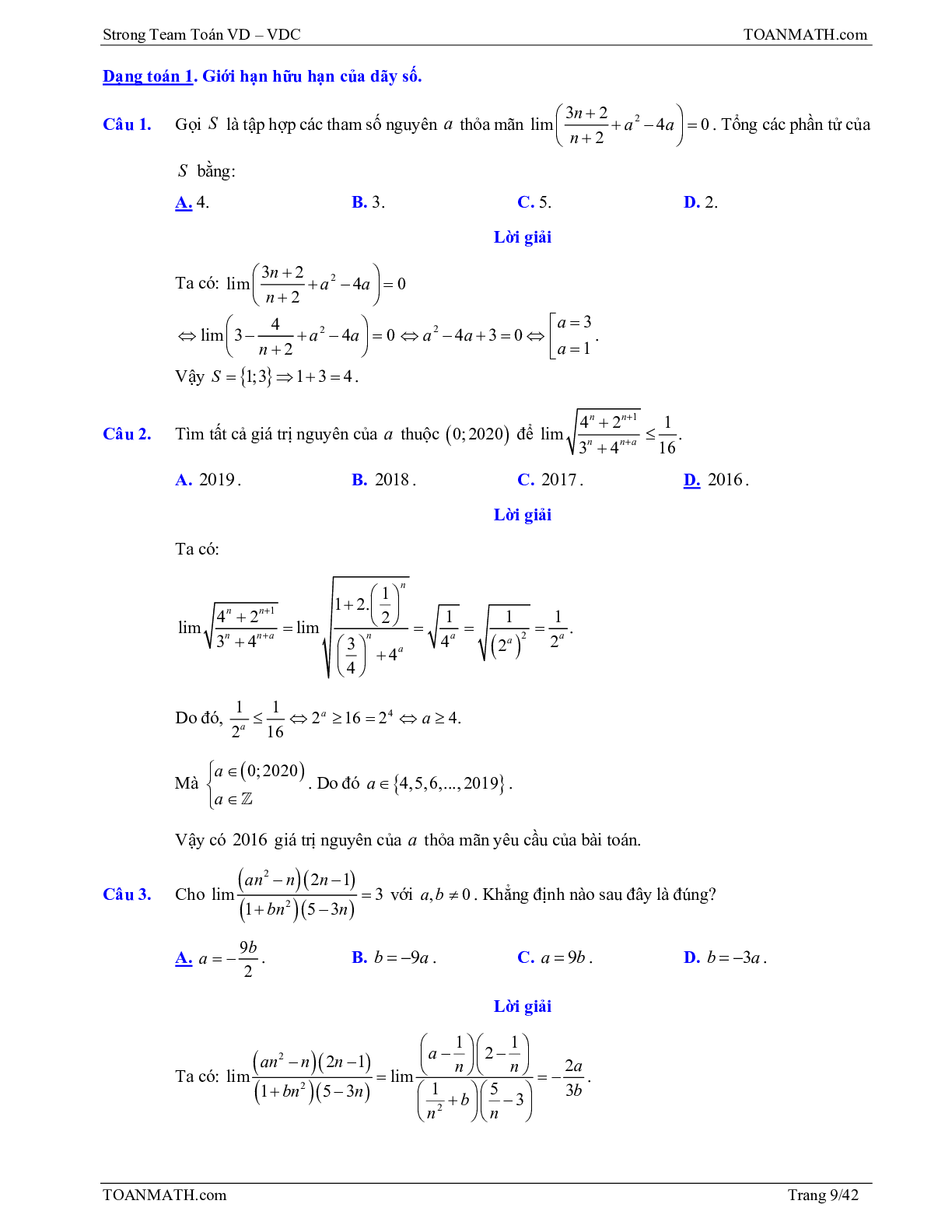 Bài tập VD – VDC giới hạn của dãy số, giới hạn của hàm số và hàm số liên tục (trang 9)