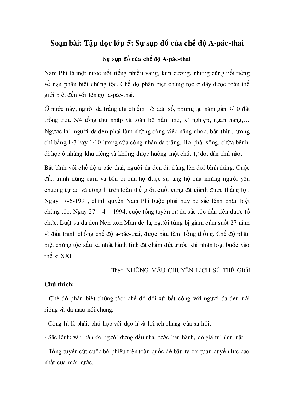 Soạn Tiếng Việt lớp 5: Tập đọc: Sự sụp đổ của chế độ A-pác-thai mới nhất (trang 1)