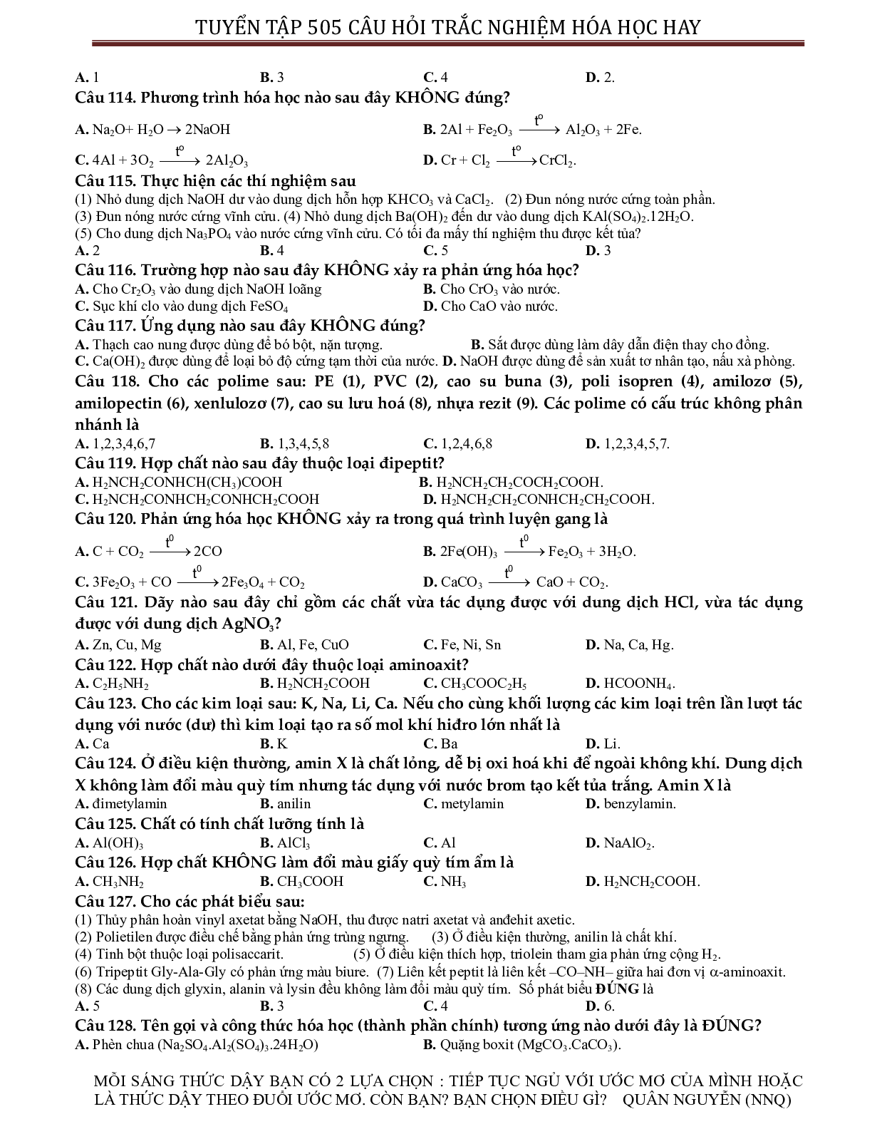 Tuyển chọn 505 câu hỏi lí thuyết trắc nghiệm hóa học 12 có đáp án, chọn lọc (trang 10)