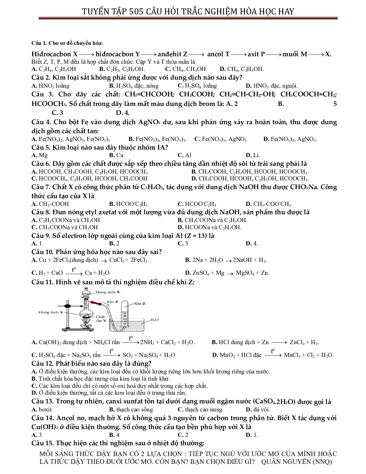 Tuyển chọn 505 câu hỏi lí thuyết trắc nghiệm hóa học 12 có đáp án, chọn lọc (trang 2)