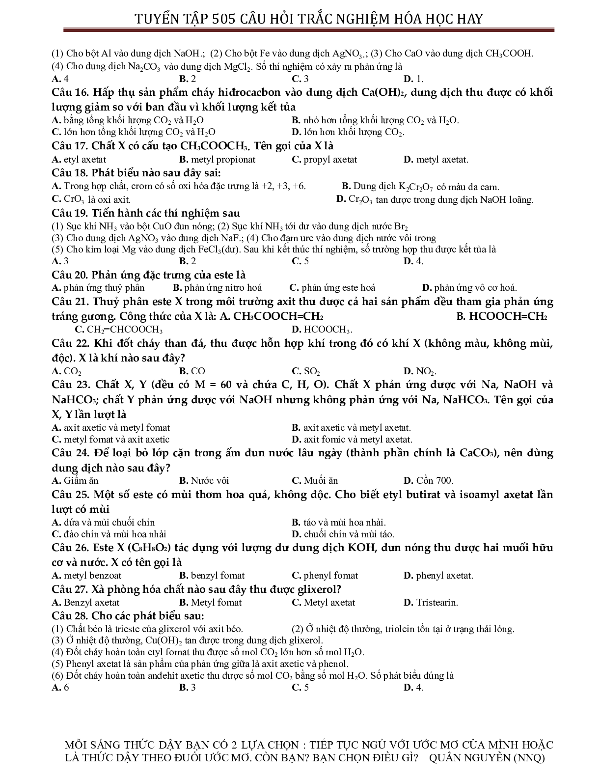 Tuyển chọn 505 câu hỏi lí thuyết trắc nghiệm hóa học 12 có đáp án, chọn lọc (trang 3)