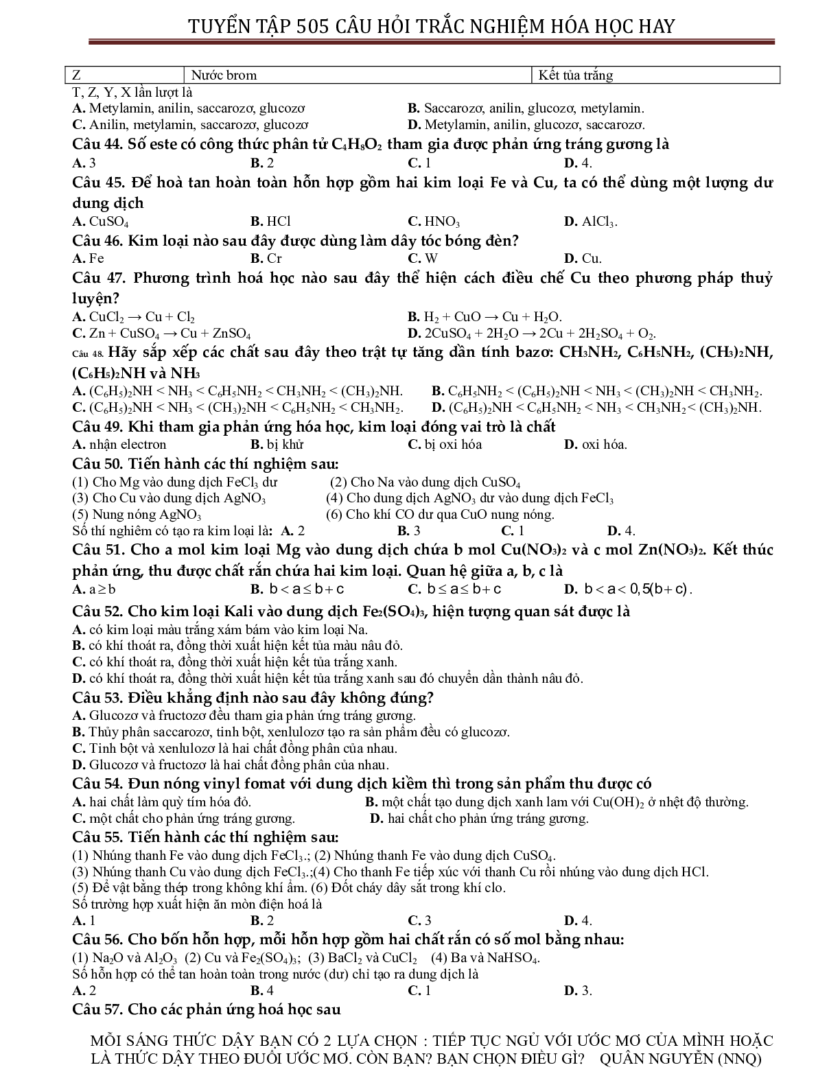 Tuyển chọn 505 câu hỏi lí thuyết trắc nghiệm hóa học 12 có đáp án, chọn lọc (trang 5)