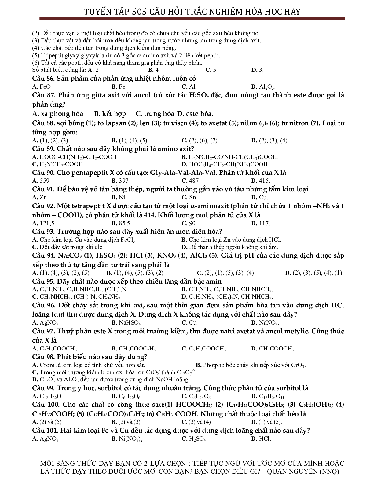 Tuyển chọn 505 câu hỏi lí thuyết trắc nghiệm hóa học 12 có đáp án, chọn lọc (trang 8)
