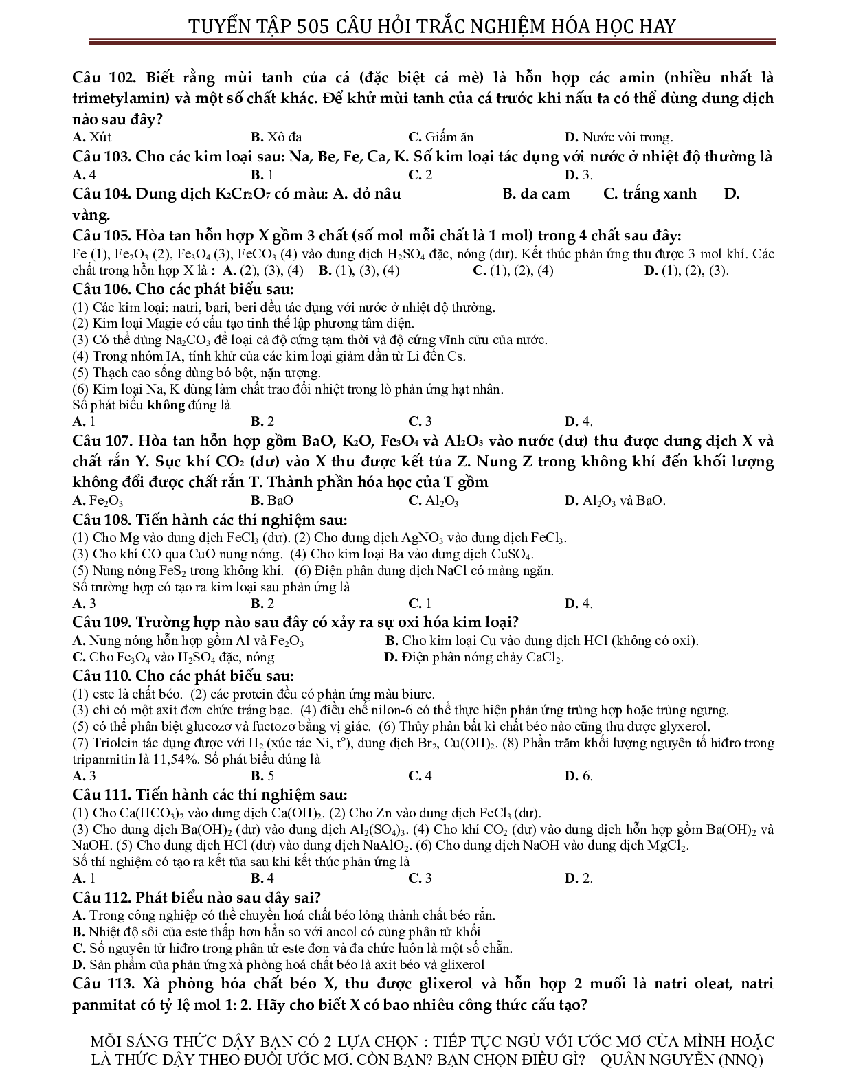 Tuyển chọn 505 câu hỏi lí thuyết trắc nghiệm hóa học 12 có đáp án, chọn lọc (trang 9)