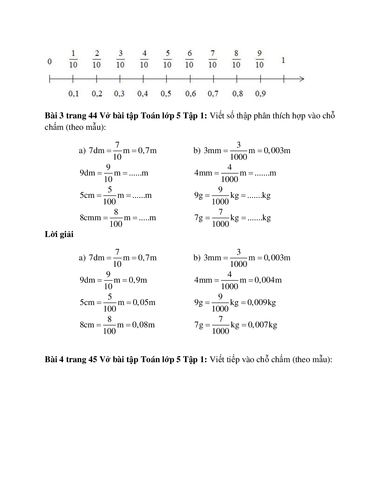 Vở bài tập Toán lớp 5 Tập 1 trang 44, 45 Bài 32: Khái niệm số thập phân (trang 2)