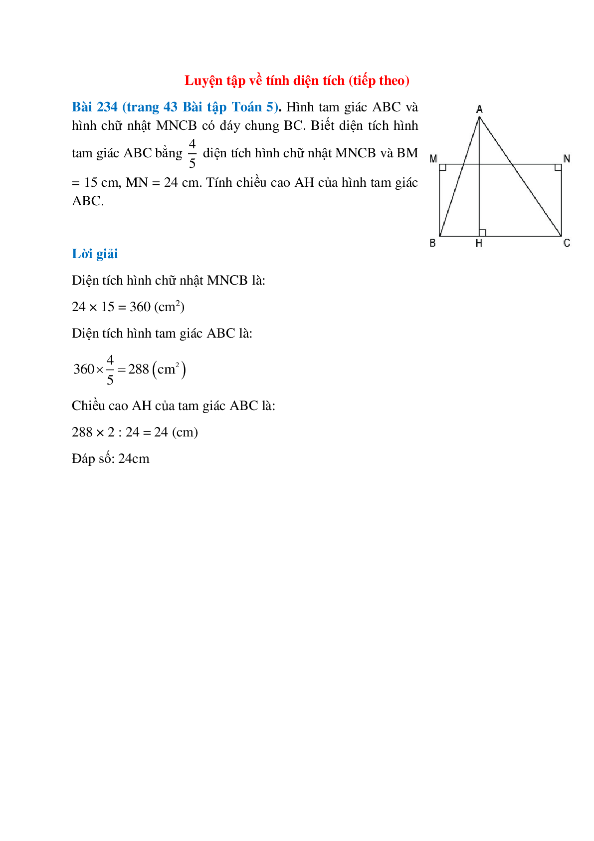 Hình tam giác ABC và hình chữ nhật MNCB có đáy chung BC (trang 1)